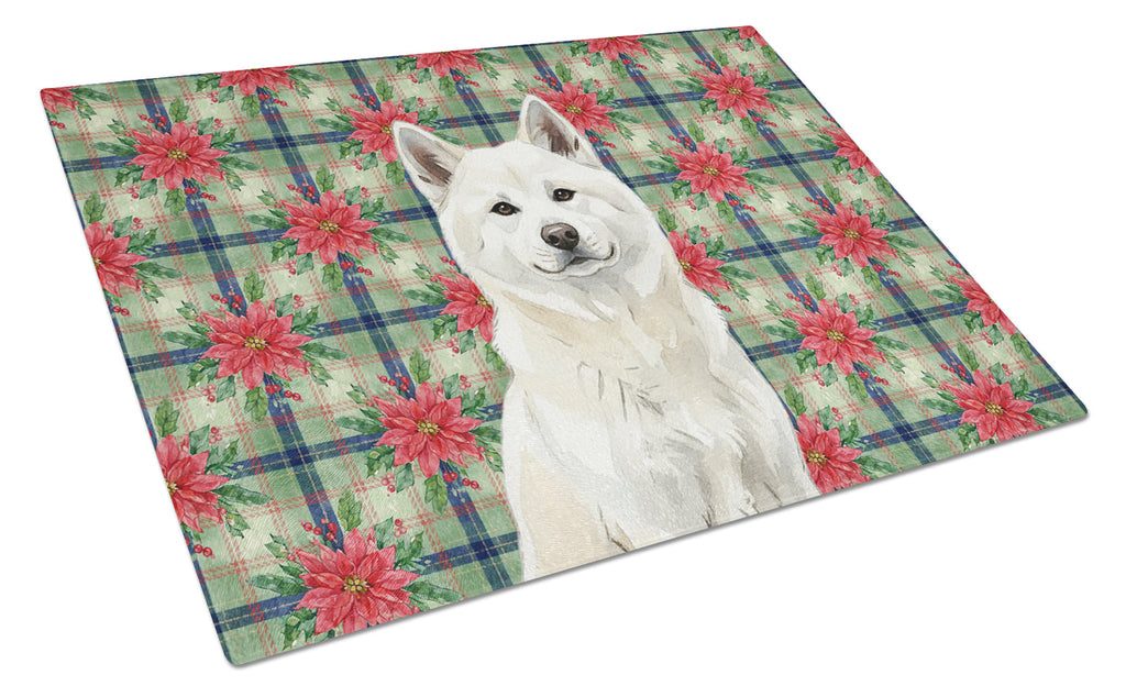 White Akita Christmas PoinsettIas Cutting Board Tempered Glass Kitchen Cutting Surface, Heat Resistant Chopping, Non-Slip Feet, Food Prep & Serving