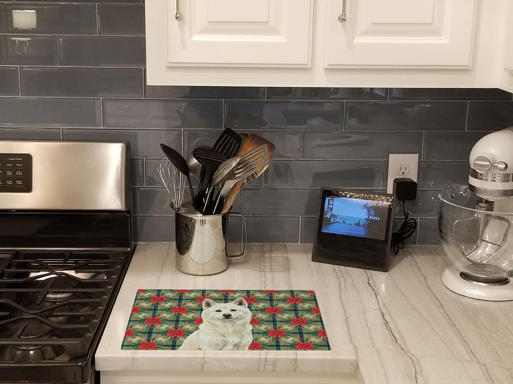 White Akita Christmas PoinsettIas Cutting Board Tempered Glass Kitchen Cutting Surface, Heat Resistant Chopping, Non-Slip Feet, Food Prep & Serving