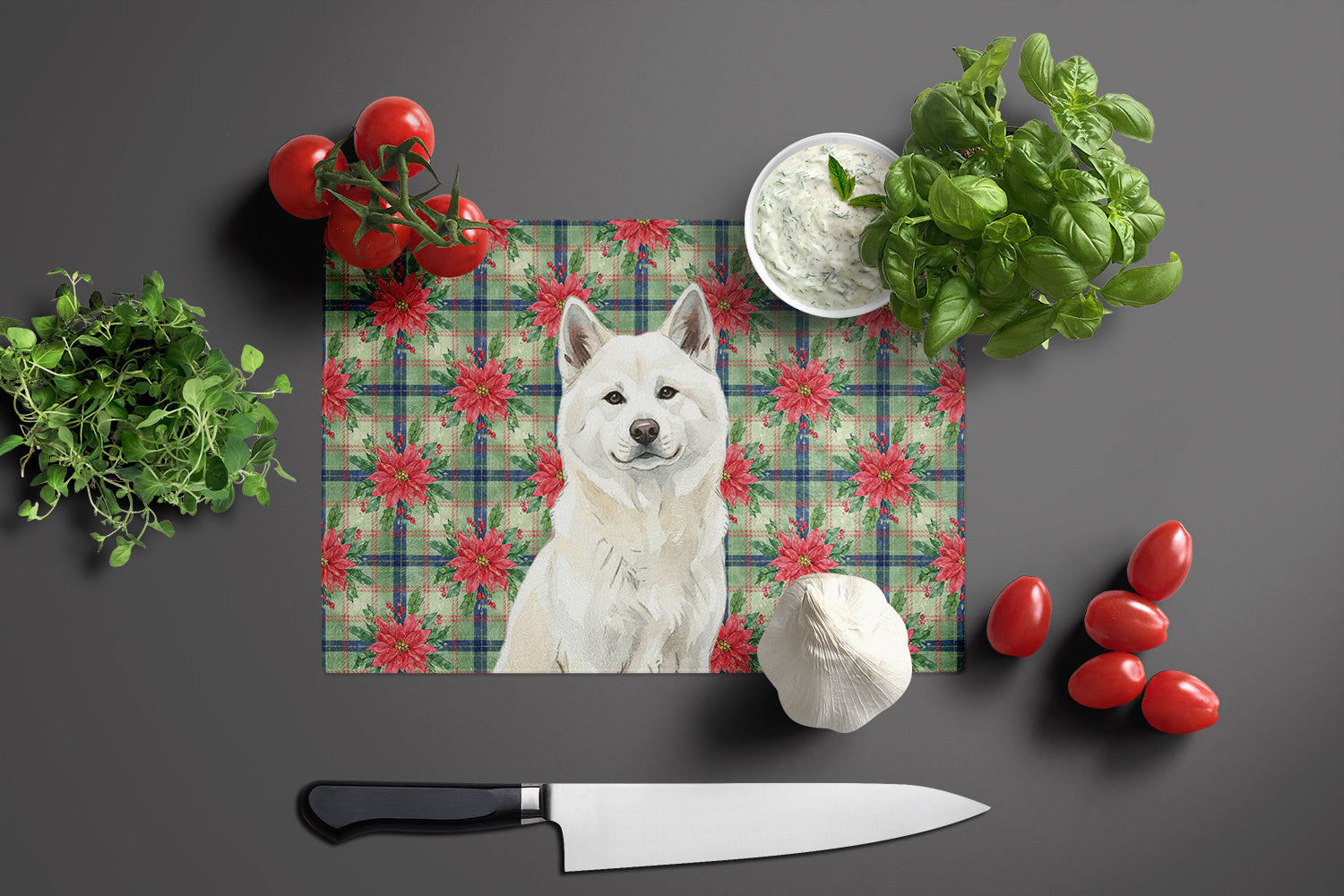 White Akita Christmas PoinsettIas Cutting Board Tempered Glass Kitchen Cutting Surface, Heat Resistant Chopping, Non-Slip Feet, Food Prep & Serving