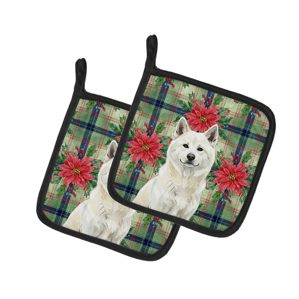 White Akita Christmas PoinsettIas Pot Holder Set of 2 Heat Resistant Quilted Hot Pads 7.5 x 7.5 Inch, Insulated Kitchen Trivets for Cooking & Baking