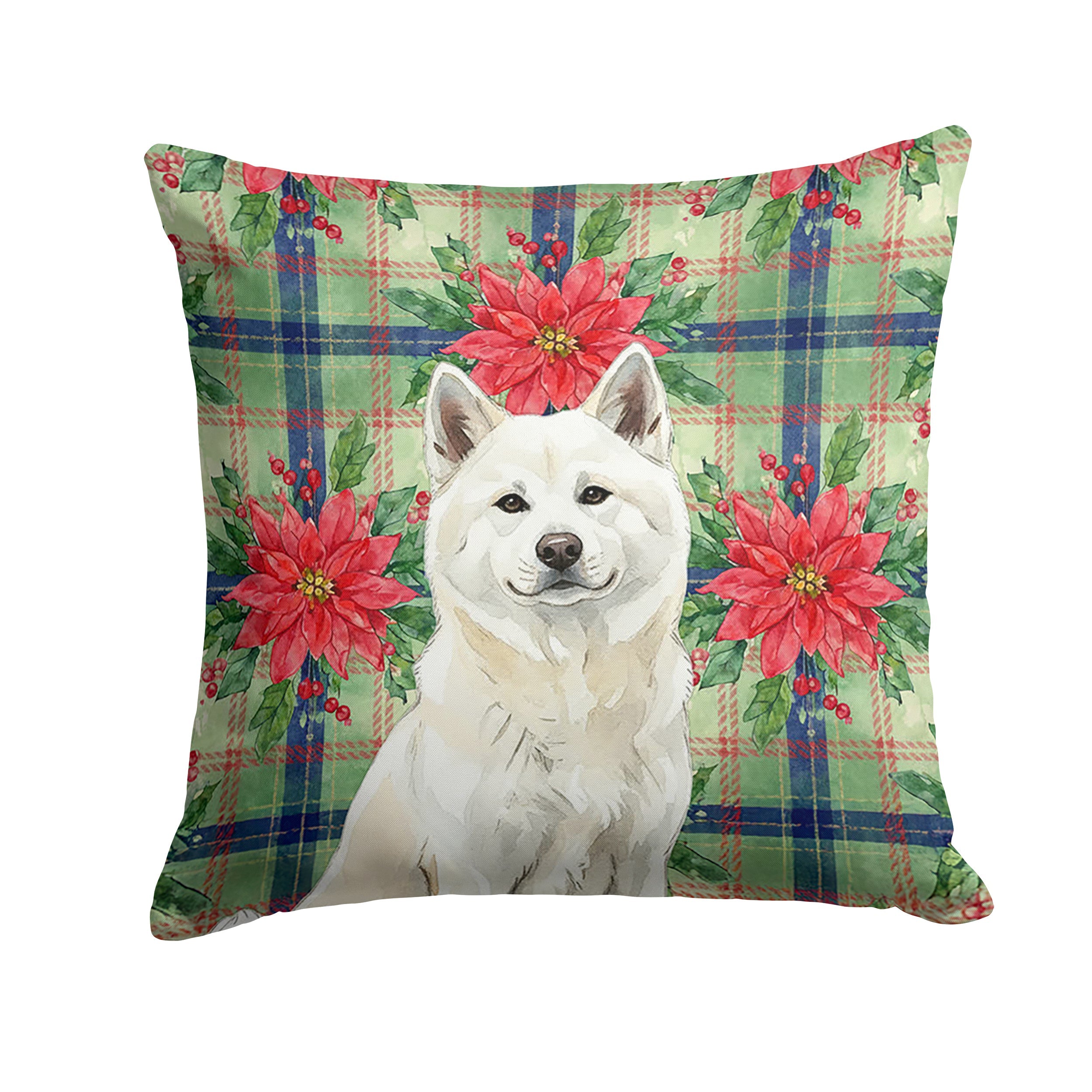 White Akita Christmas PoinsettIas Decorative Throw Pillow 14x14 Indoor Outdoor Accent Cushion, Fabric Cover with Insert for Sofa, Bed, Porch & Living Room