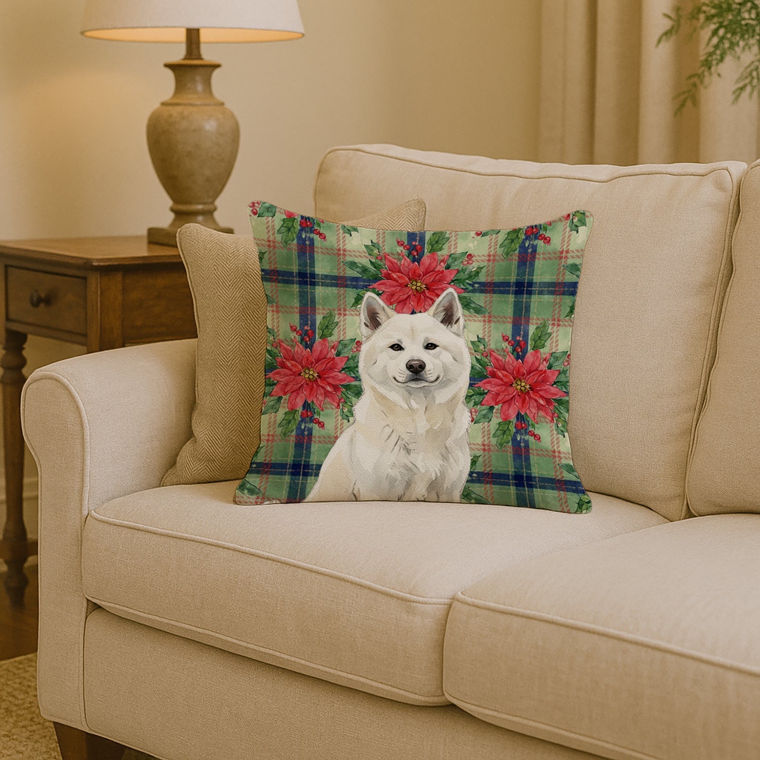 White Akita Christmas PoinsettIas Decorative Throw Pillow 14x14 Indoor Outdoor Accent Cushion, Fabric Cover with Insert for Sofa, Bed, Porch & Living Room
