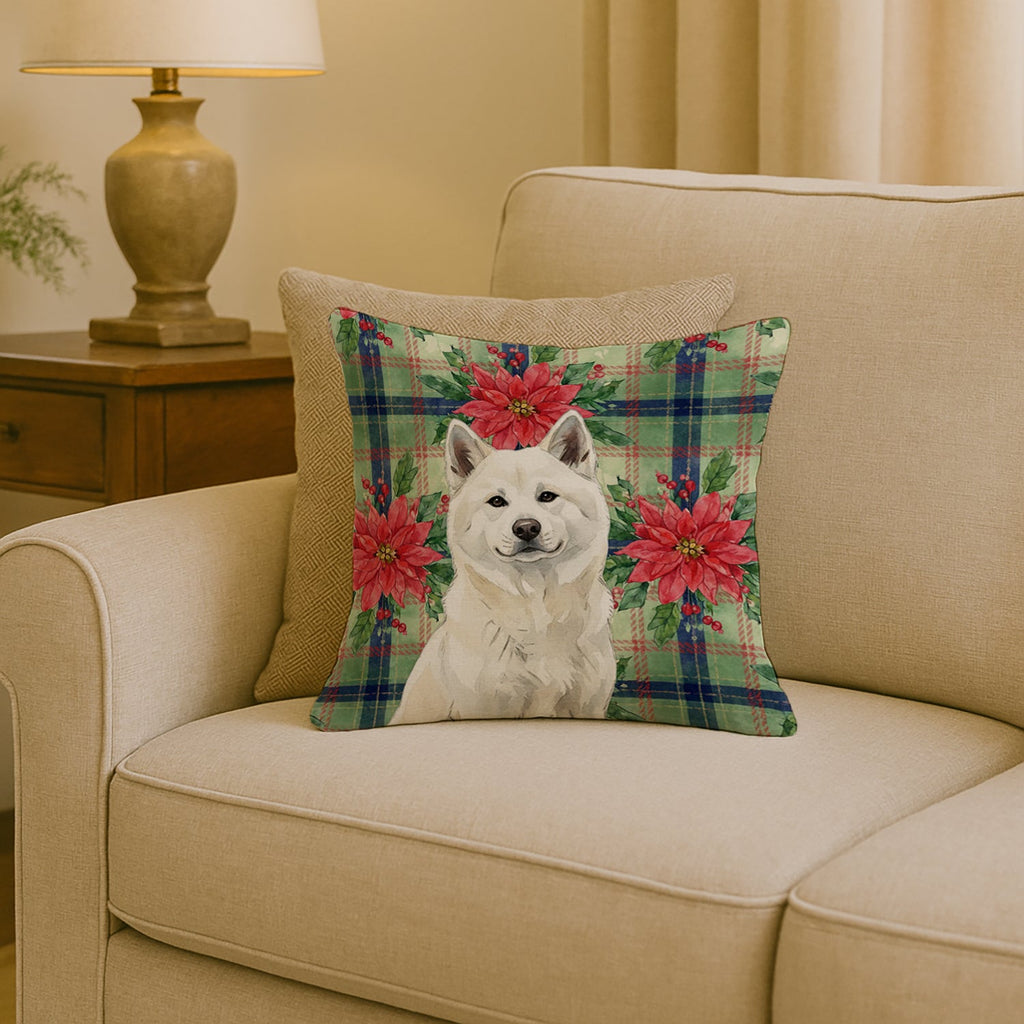 White Akita Christmas PoinsettIas Decorative Throw Pillow 18x18 Indoor Outdoor Accent Cushion, Fabric Cover with Insert for Sofa, Bed, Porch & Living Room
