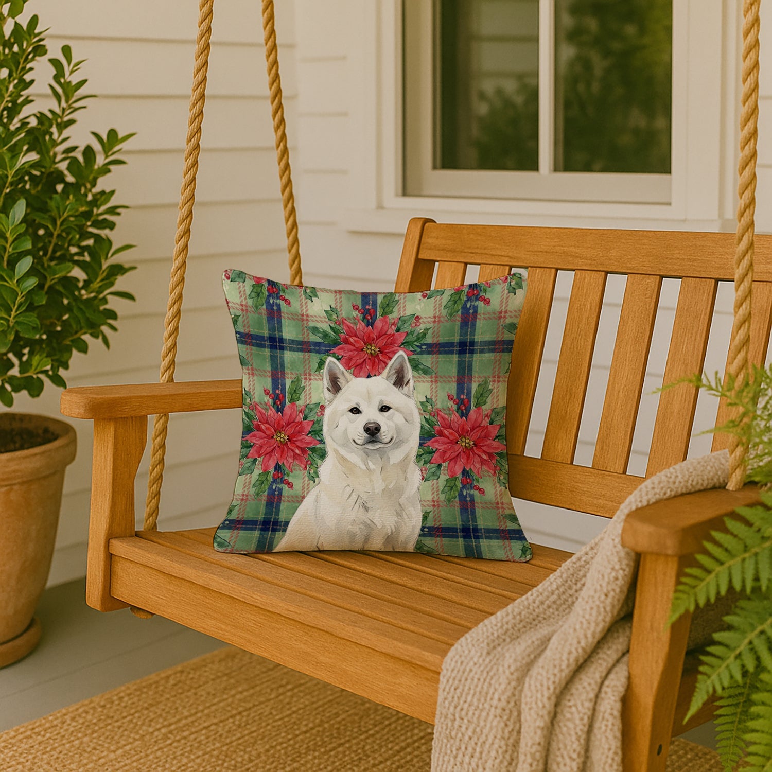 White Akita Christmas PoinsettIas Decorative Throw Pillow 18x18 Indoor Outdoor Accent Cushion, Fabric Cover with Insert for Sofa, Bed, Porch & Living Room