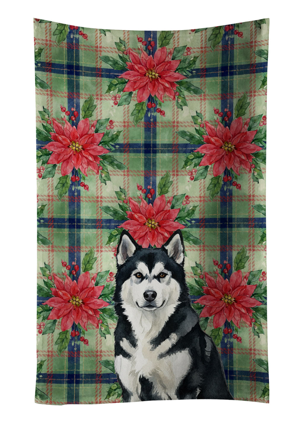 Black and White Alaskan Malamute Christmas PoinsettIas Kitchen Towel Velour Plush Front and Cotton Loop Back Machine Washable