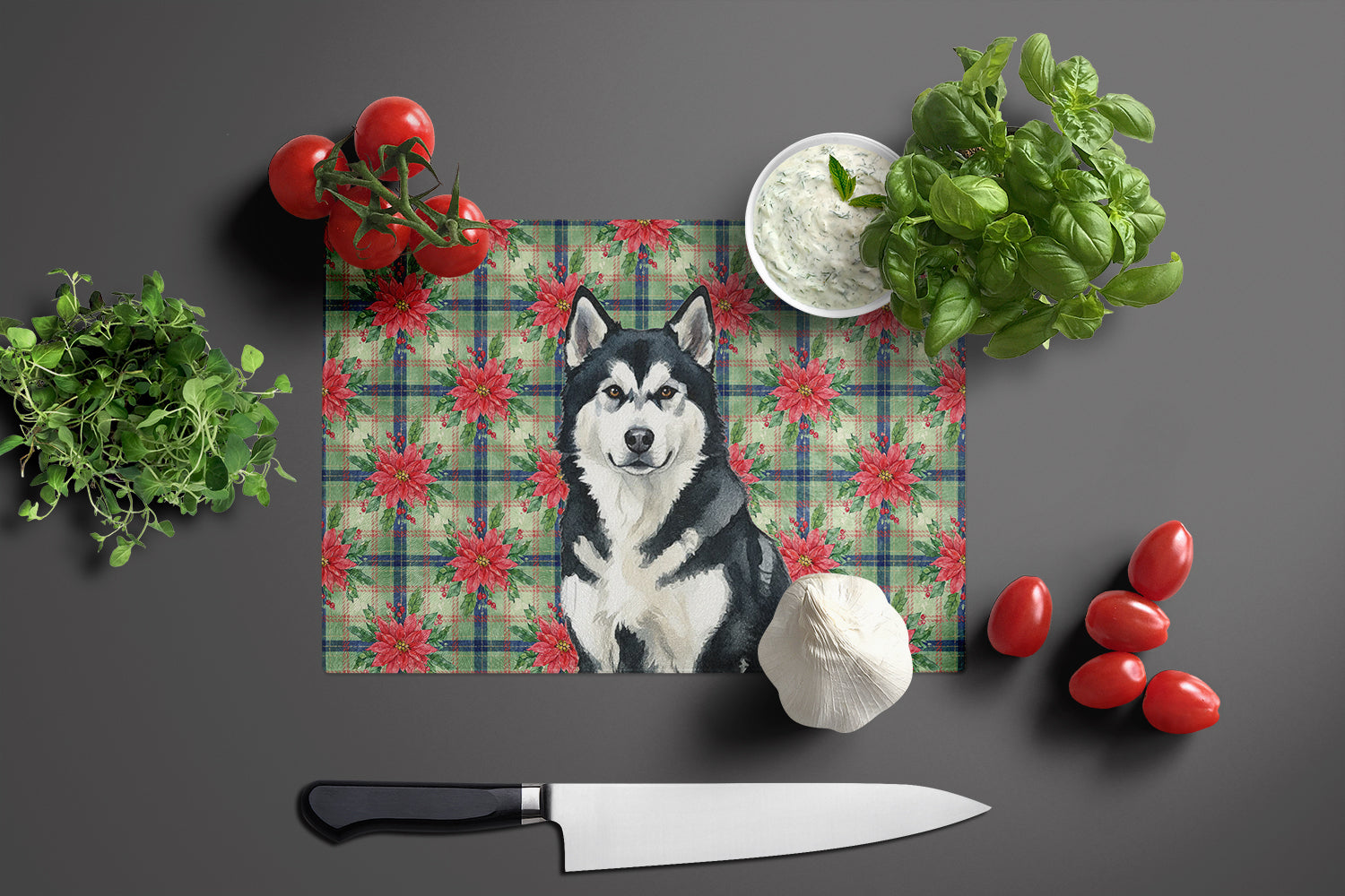 Black and White Alaskan Malamute Christmas PoinsettIas Cutting Board Tempered Glass Kitchen Cutting Surface, Heat Resistant Chopping, Non-Slip Feet, Food Prep & Serving
