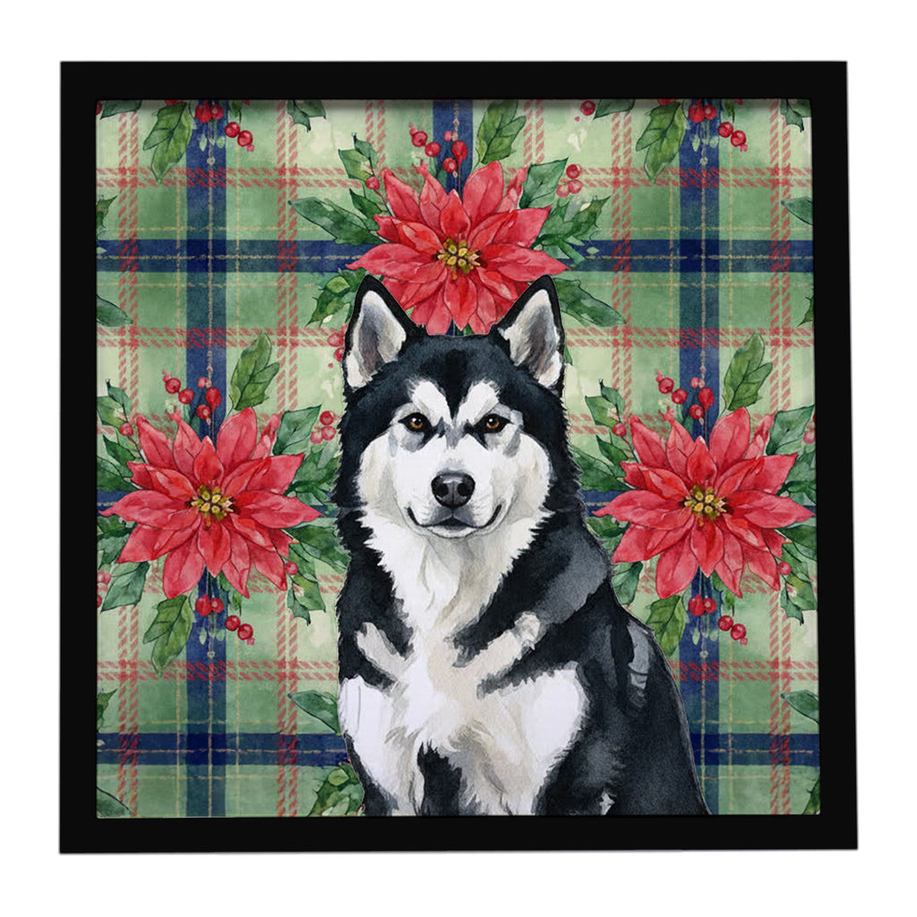 Black and White Alaskan Malamute Christmas PoinsettIas Framed Metal Print Bathroom, Kitchen, Office, Home Decor Wall Art Ready to Hang, Square, 8X8