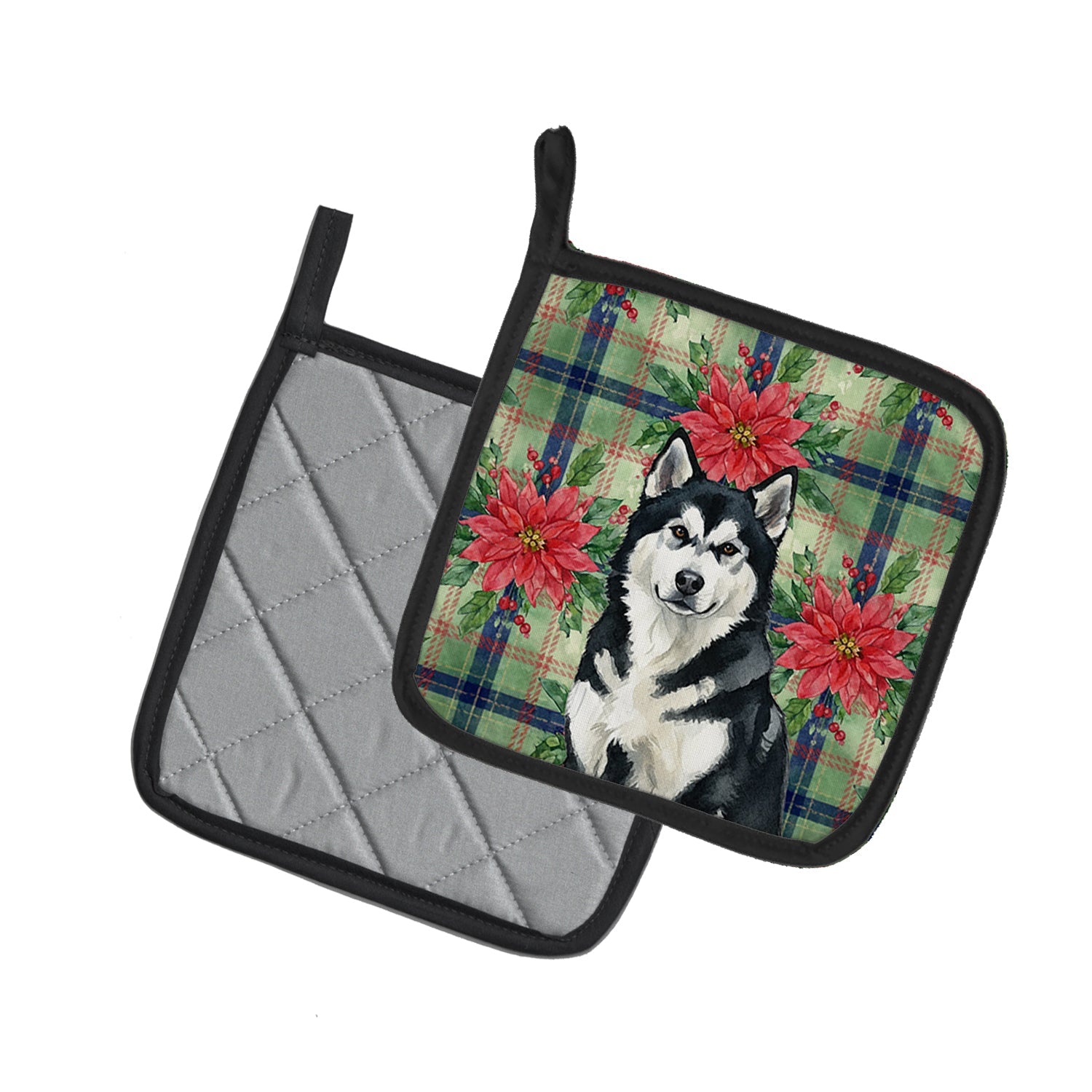 Black and White Alaskan Malamute Christmas PoinsettIas Pot Holder Set of 2 Heat Resistant Quilted Hot Pads 7.5 x 7.5 Inch, Insulated Kitchen Trivets for Cooking & Baking
