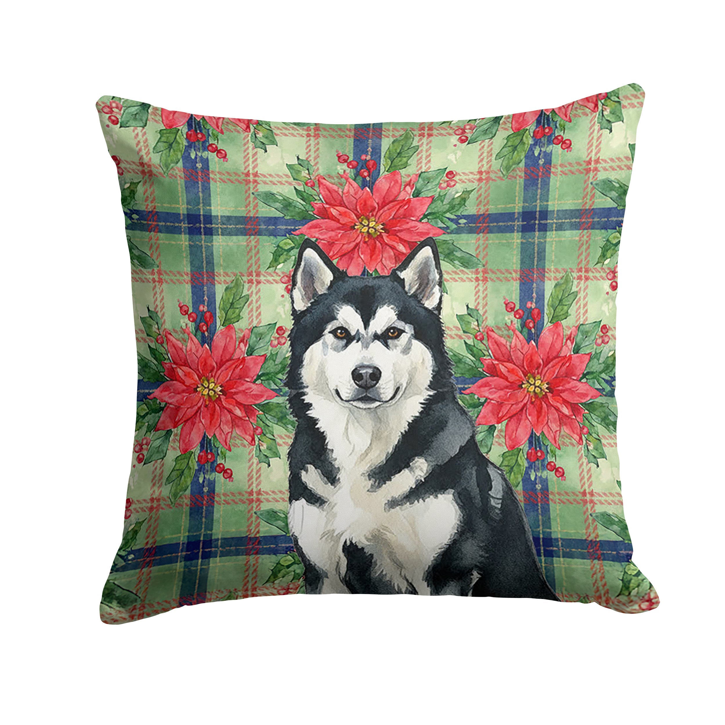 Black and White Alaskan Malamute Christmas PoinsettIas Decorative Throw Pillow 14x14 Indoor Outdoor Accent Cushion, Fabric Cover with Insert for Sofa, Bed, Porch & Living Room