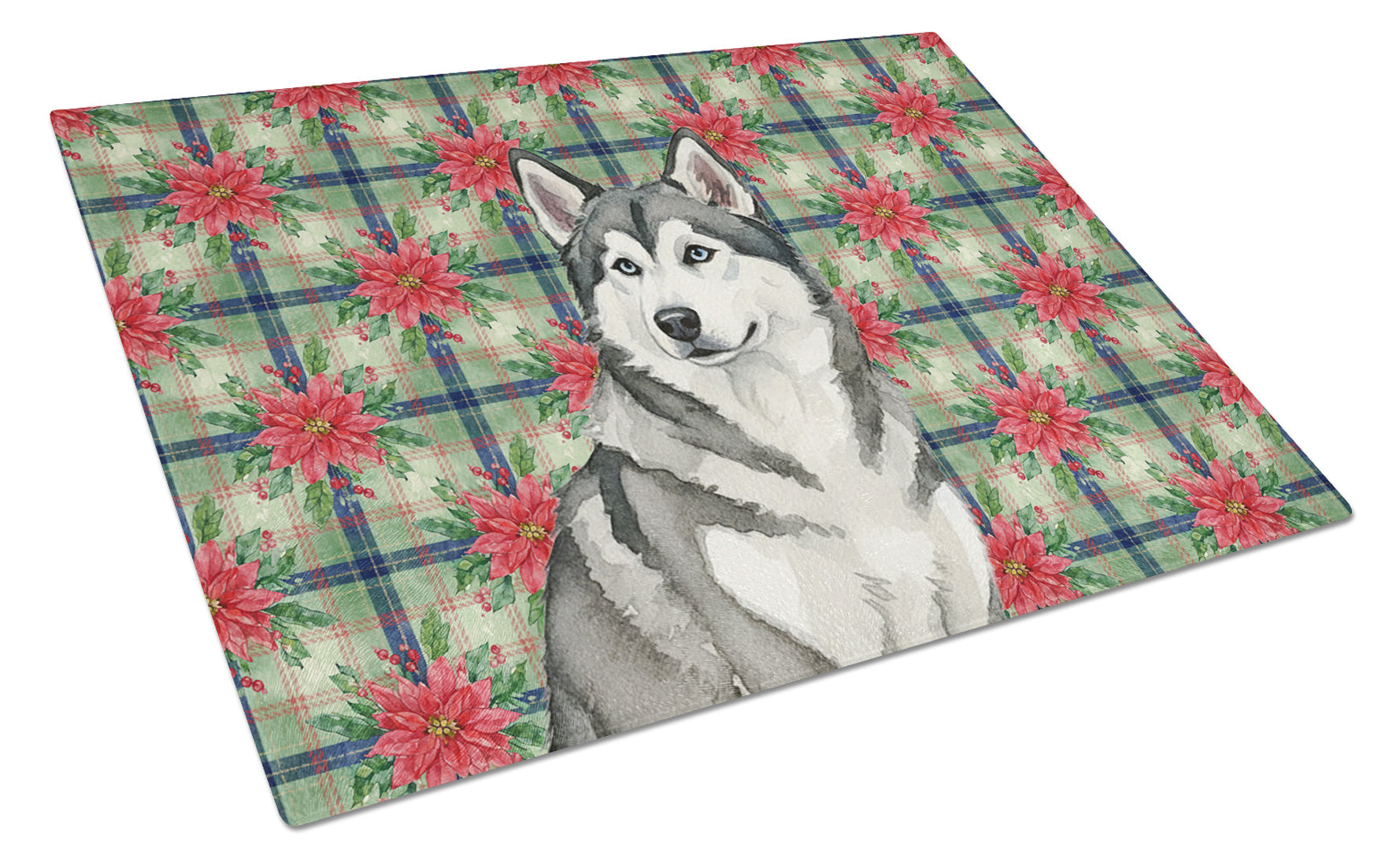 Gray and White Alaskan Malamute Christmas PoinsettIas Cutting Board Tempered Glass Kitchen Cutting Surface, Heat Resistant Chopping, Non-Slip Feet, Food Prep & Serving