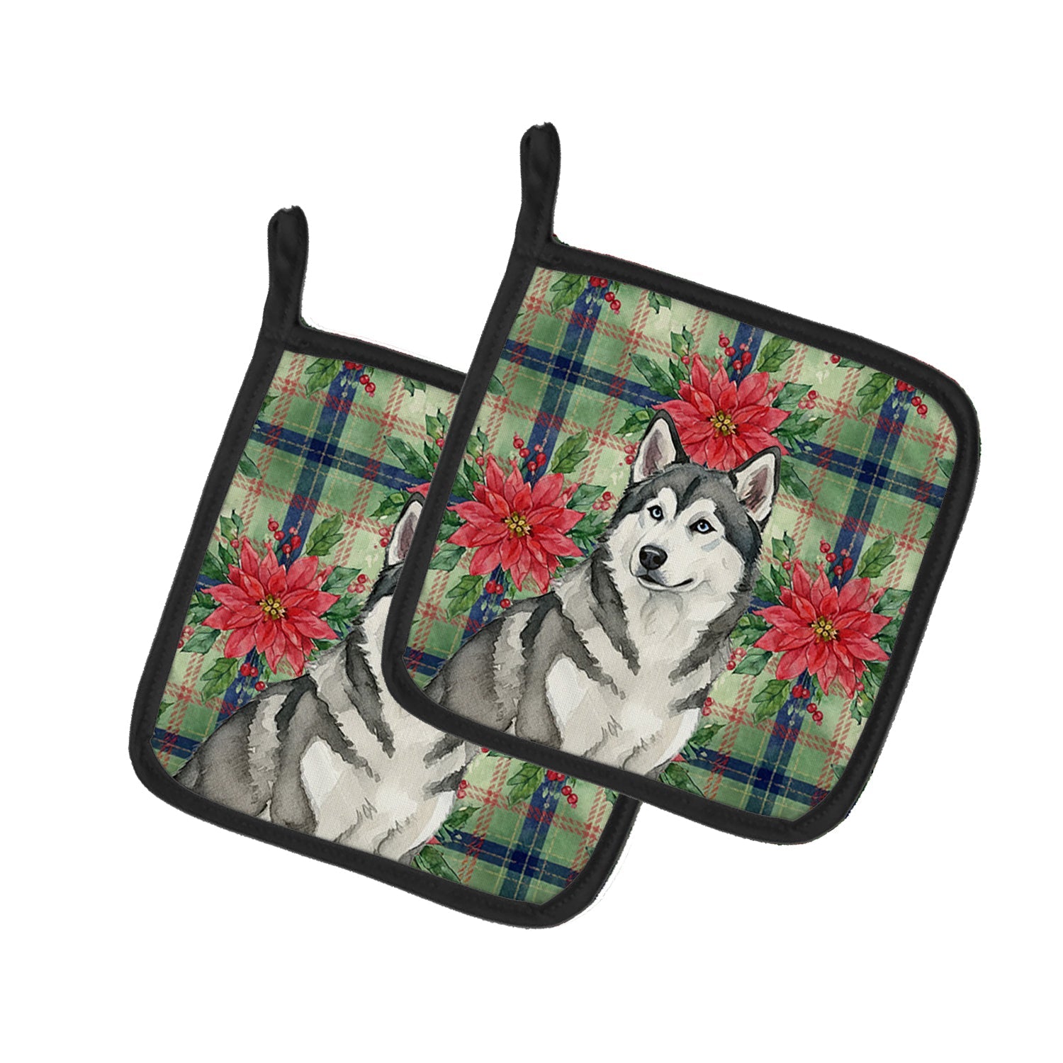 Gray and White Alaskan Malamute Christmas PoinsettIas Pot Holder Set of 2 Heat Resistant Quilted Hot Pads 7.5 x 7.5 Inch, Insulated Kitchen Trivets for Cooking & Baking