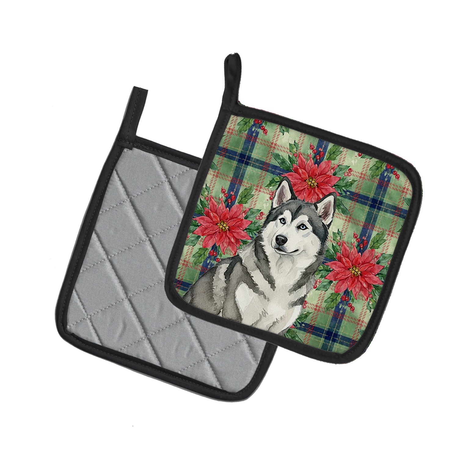 Gray and White Alaskan Malamute Christmas PoinsettIas Pot Holder Set of 2 Heat Resistant Quilted Hot Pads 7.5 x 7.5 Inch, Insulated Kitchen Trivets for Cooking & Baking