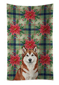 Red and White Alaskan Malamute Christmas Poinsettas Kitchen Towel Velour Plush Front and Cotton Loop Back Machine Washable