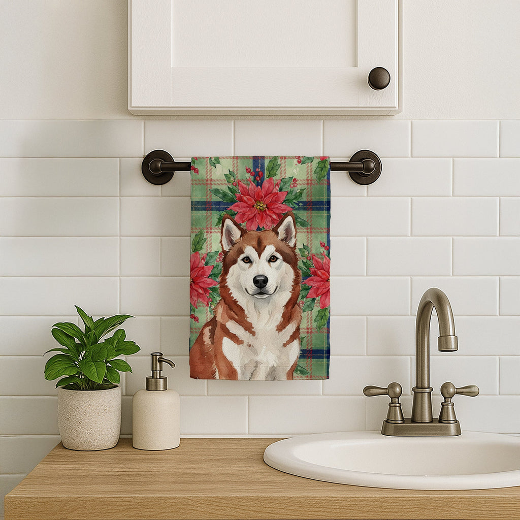 Red and White Alaskan Malamute Christmas Poinsettas Kitchen Towel Velour Plush Front and Cotton Loop Back Machine Washable