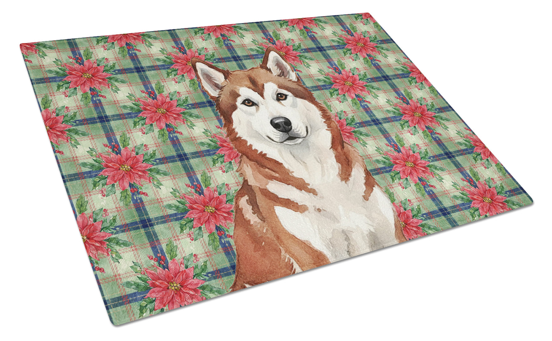 Red and White Alaskan Malamute Christmas Poinsettas Cutting Board Tempered Glass Kitchen Cutting Surface, Heat Resistant Chopping, Non-Slip Feet, Food Prep & Serving