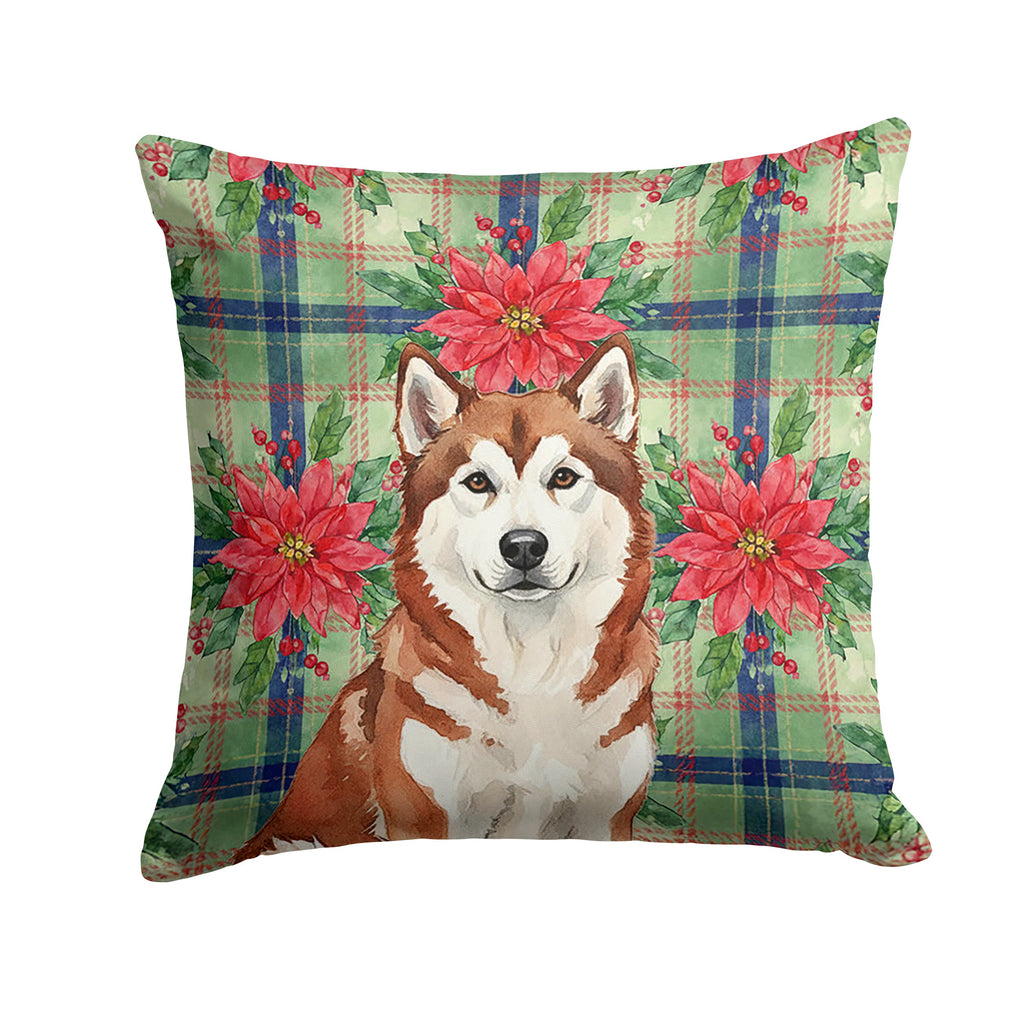 Red and White Alaskan Malamute Christmas Poinsettas Decorative Throw Pillow 14x14 Indoor Outdoor Accent Cushion, Fabric Cover with Insert for Sofa, Bed, Porch & Living Room