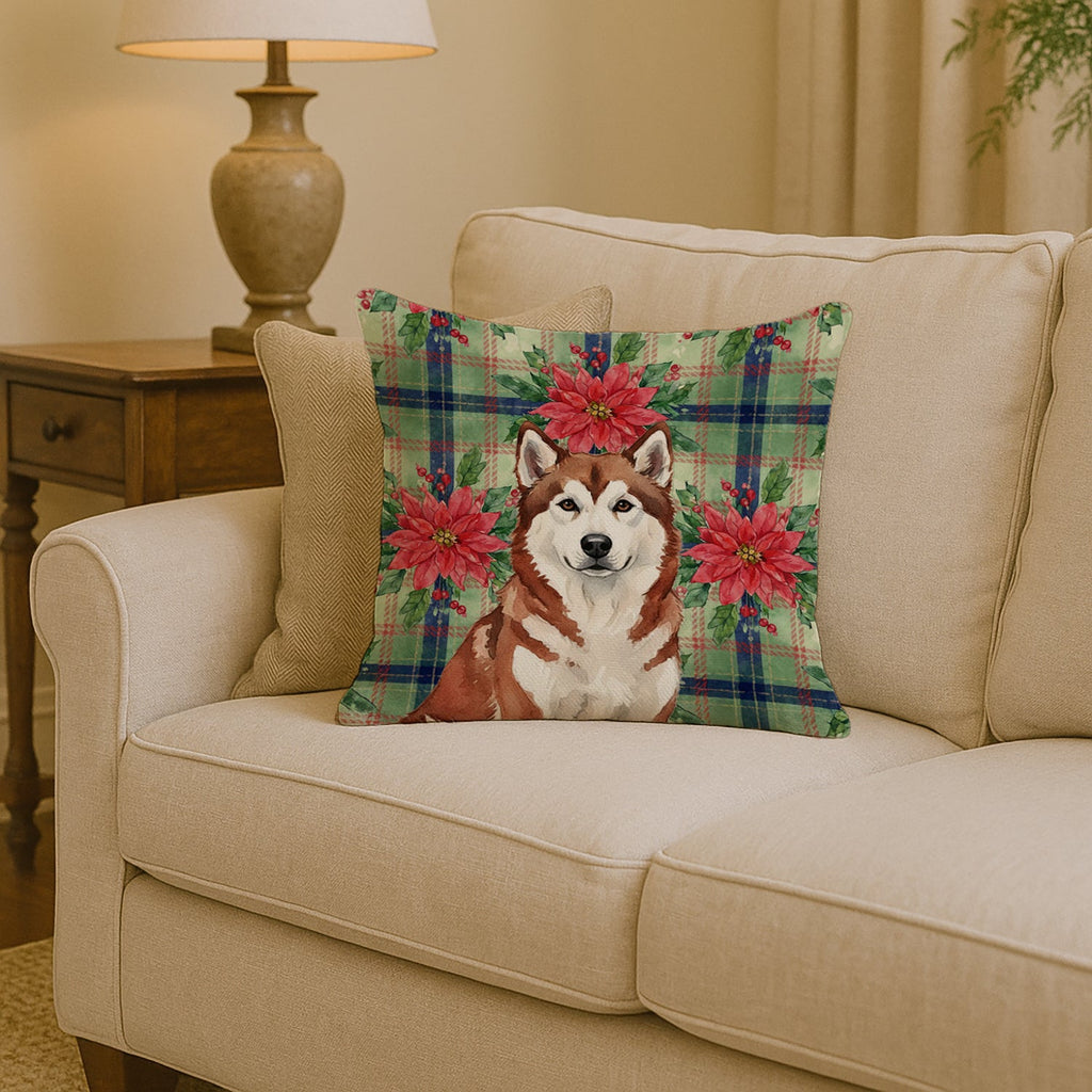 Red and White Alaskan Malamute Christmas Poinsettas Decorative Throw Pillow 14x14 Indoor Outdoor Accent Cushion, Fabric Cover with Insert for Sofa, Bed, Porch & Living Room