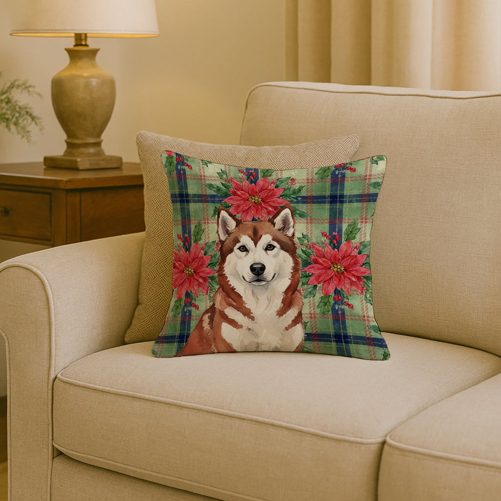Red and White Alaskan Malamute Christmas Poinsettas Decorative Throw Pillow 18x18 Indoor Outdoor Accent Cushion, Fabric Cover with Insert for Sofa, Bed, Porch & Living Room
