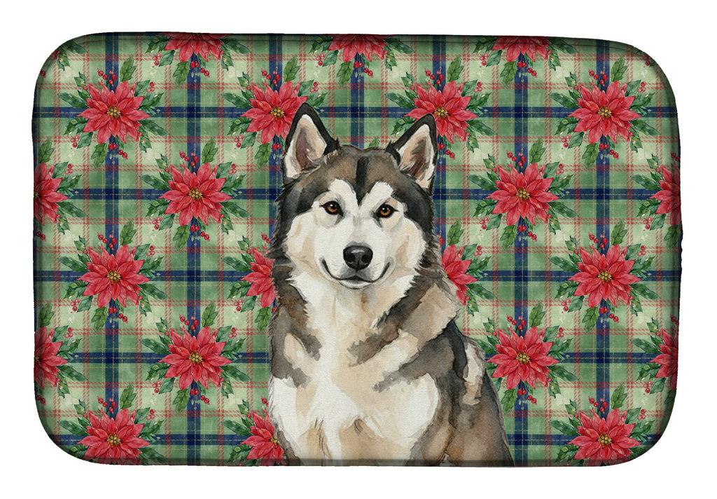 Sable and White Alaskan Malamute Christmas Poinsettas Dish Drying Mat Absorbent Dish Drying Mat Pad for Kitchen Counter Dish Drainer Mat for Countertop, 14 x 21", Multicolor