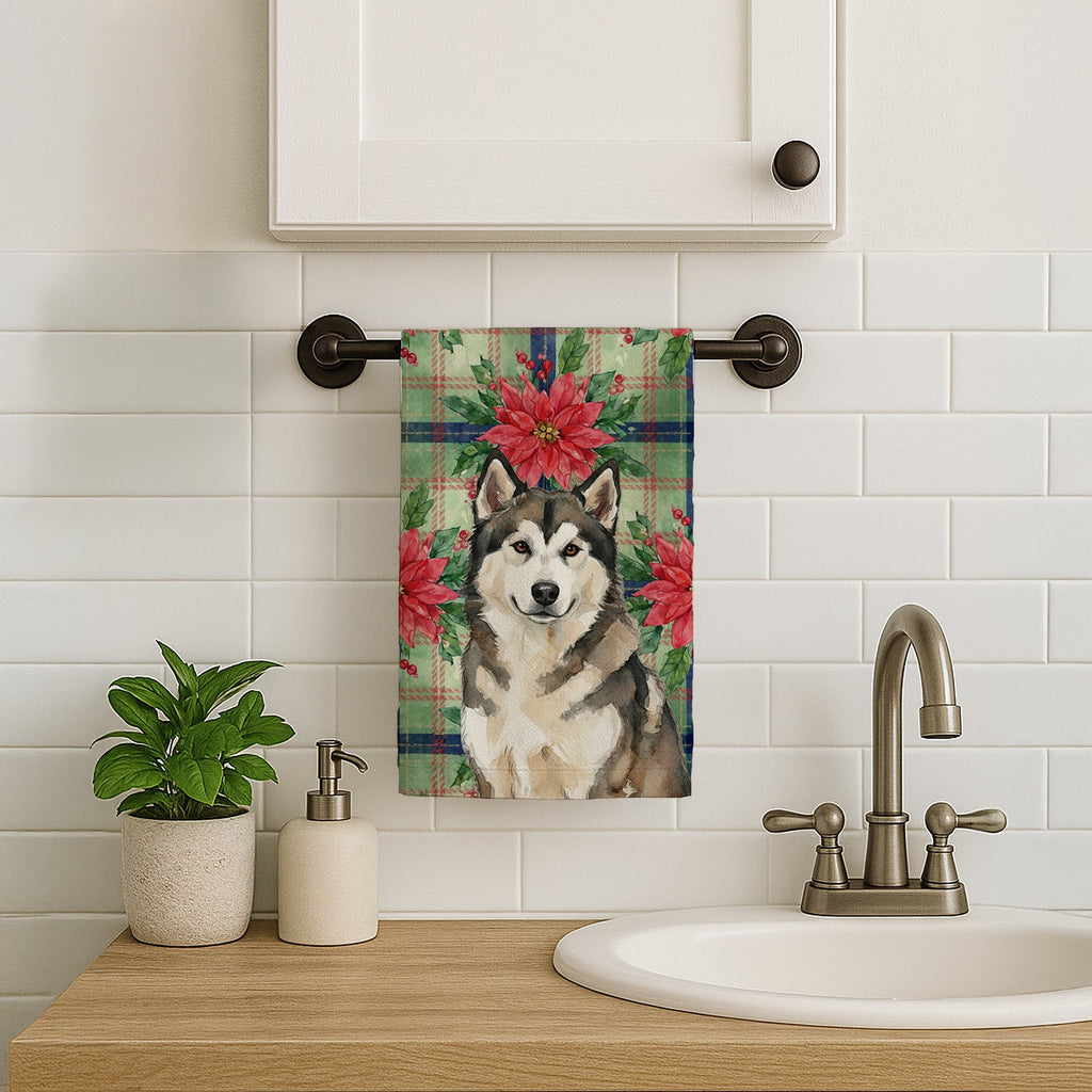Sable and White Alaskan Malamute Christmas Poinsettas Kitchen Towel Velour Plush Front and Cotton Loop Back Machine Washable