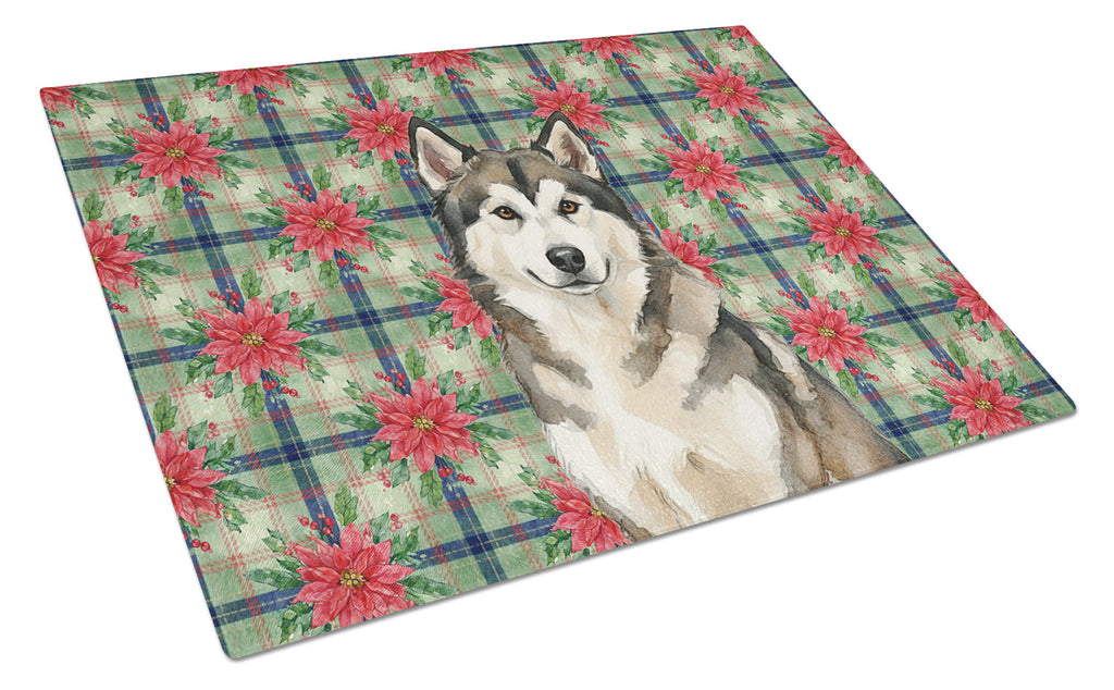 Sable and White Alaskan Malamute Christmas Poinsettas Cutting Board Tempered Glass Kitchen Cutting Surface, Heat Resistant Chopping, Non-Slip Feet, Food Prep & Serving