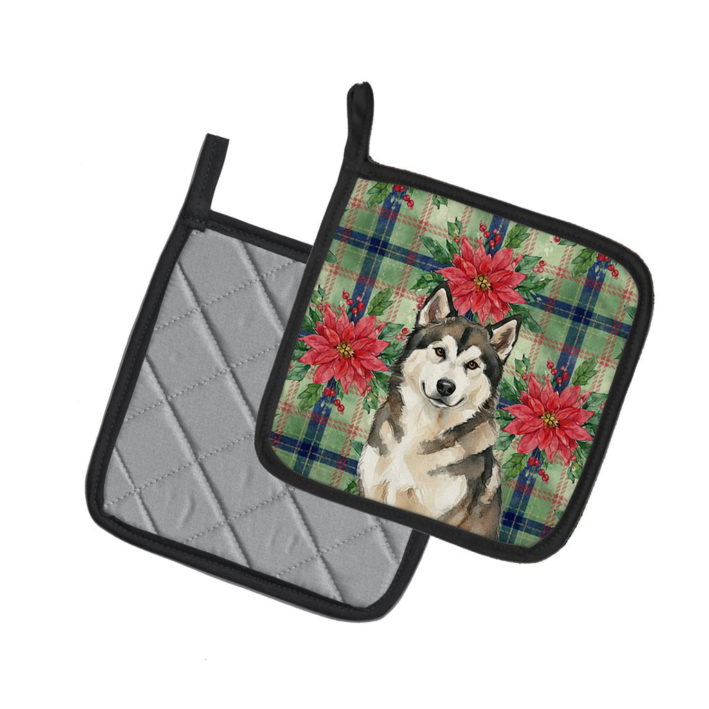 Sable and White Alaskan Malamute Christmas Poinsettas Pot Holder Set of 2 Heat Resistant Quilted Hot Pads 7.5 x 7.5 Inch, Insulated Kitchen Trivets for Cooking & Baking