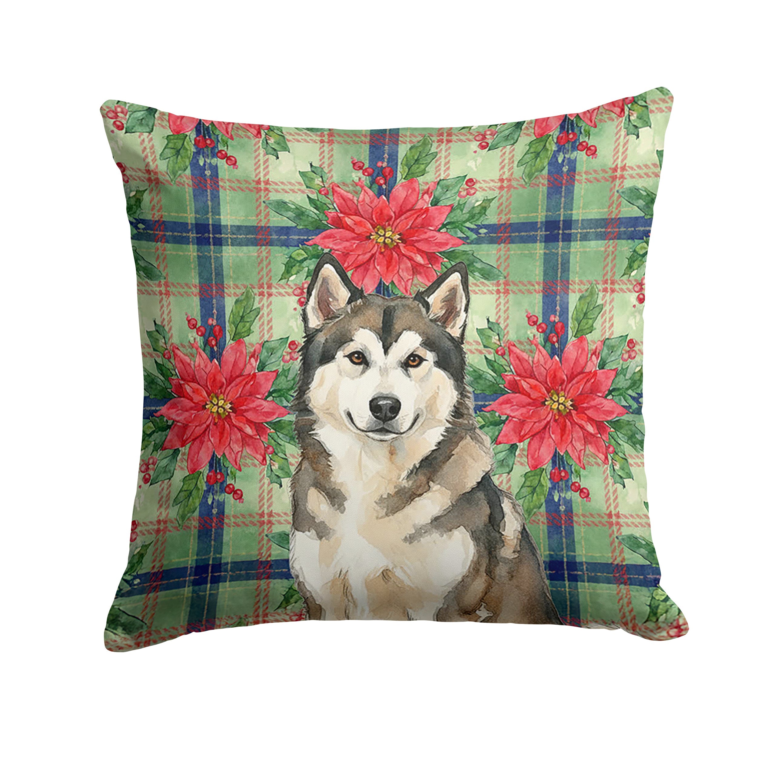 Sable and White Alaskan Malamute Christmas Poinsettas Decorative Throw Pillow 14x14 Indoor Outdoor Accent Cushion, Fabric Cover with Insert for Sofa, Bed, Porch & Living Room