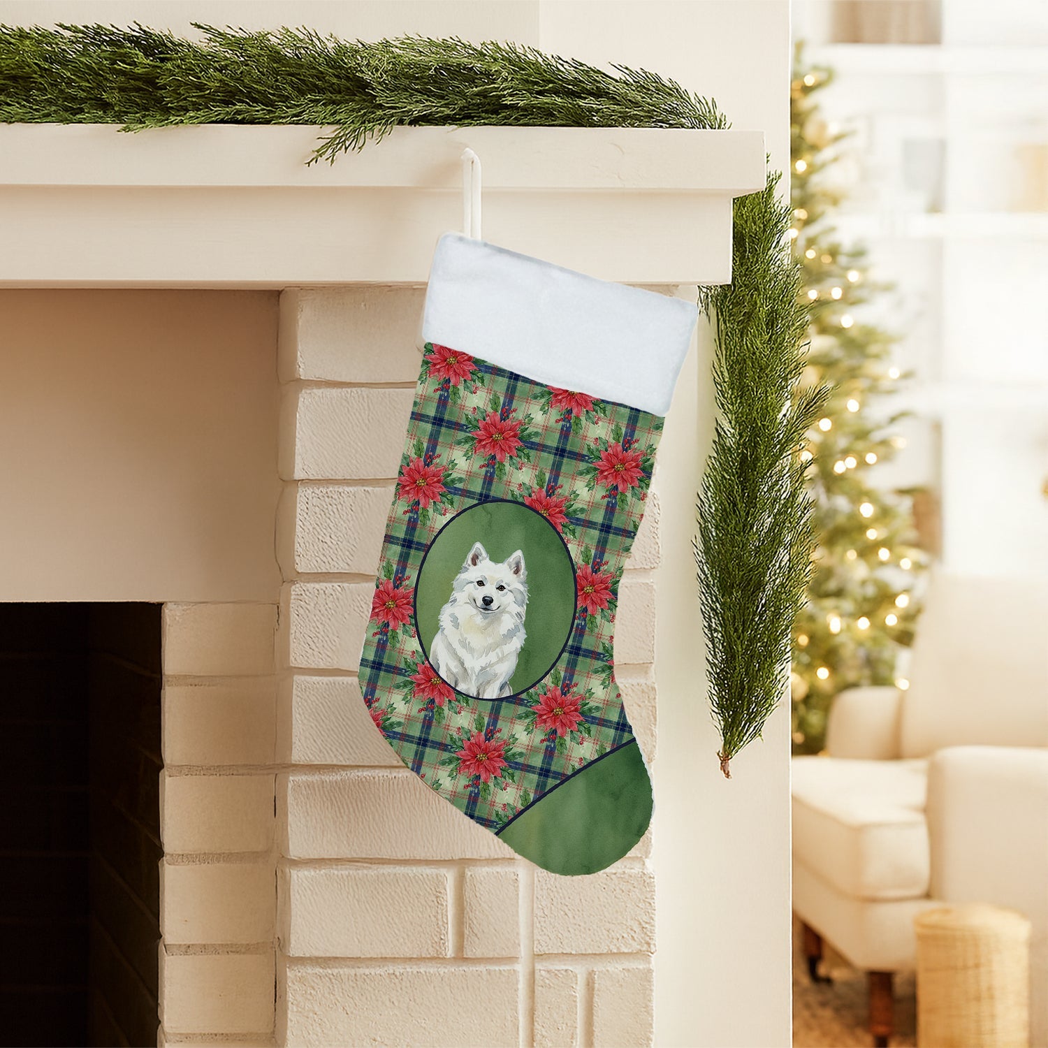 American Eskimo Christmas PoinsettIas Holiday Stocking Double-Sided Print, Polyester Suede,11x18, Made in USA
