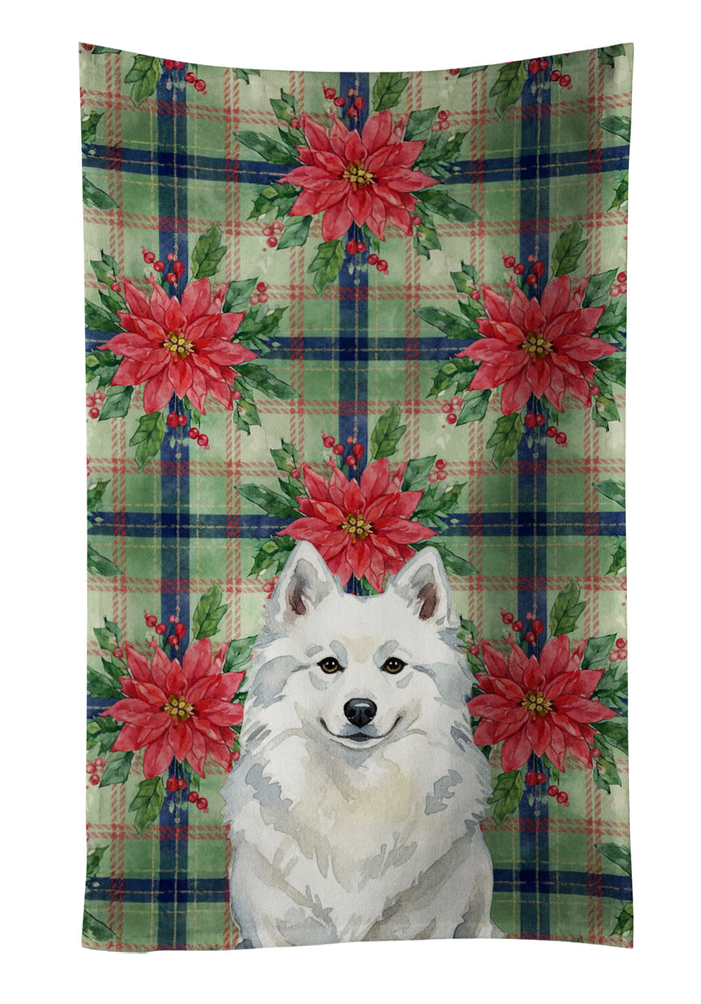 American Eskimo Christmas PoinsettIas Kitchen Towel Velour Plush Front and Cotton Loop Back Machine Washable