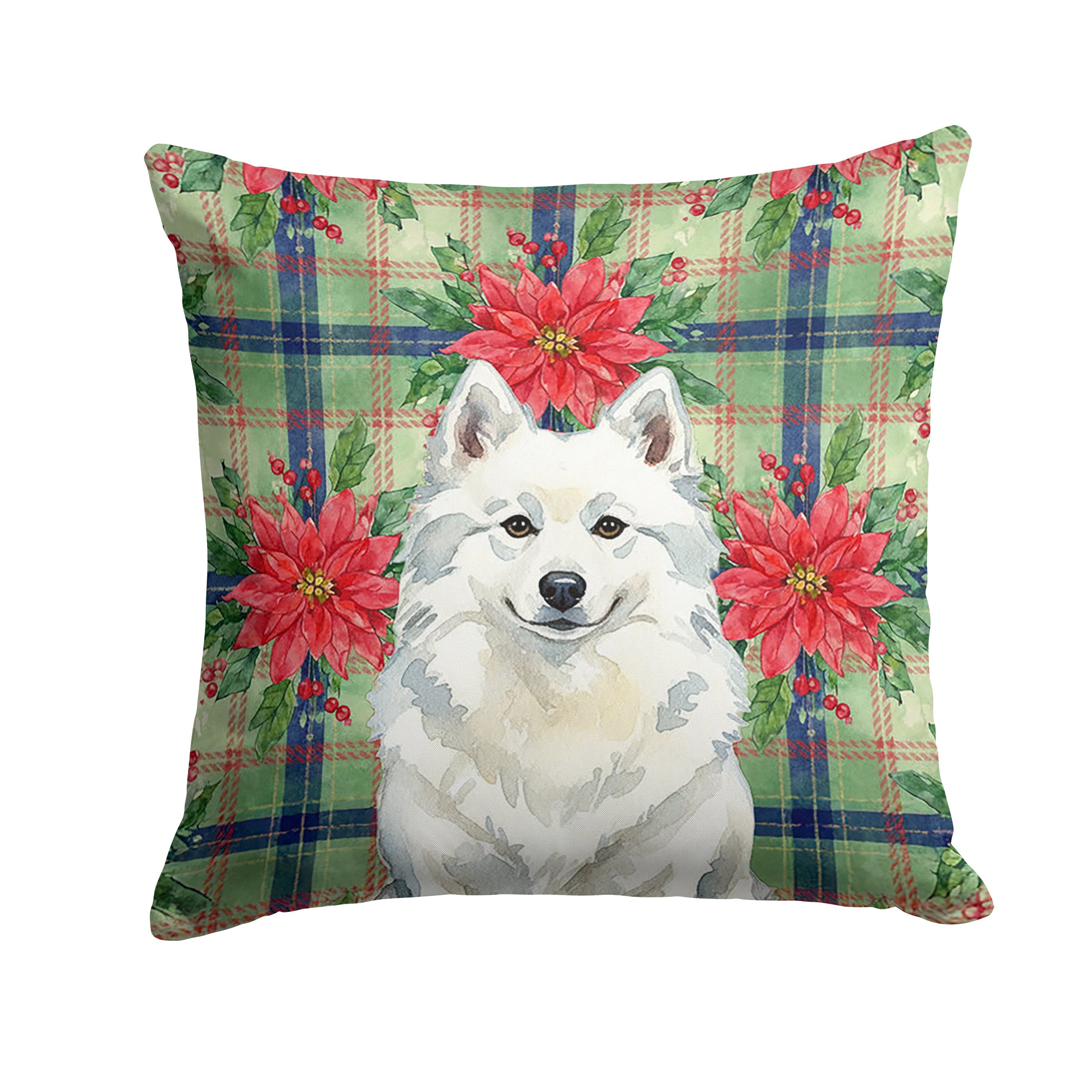 American Eskimo Christmas PoinsettIas Decorative Throw Pillow 14x14 Indoor Outdoor Accent Cushion, Fabric Cover with Insert for Sofa, Bed, Porch & Living Room