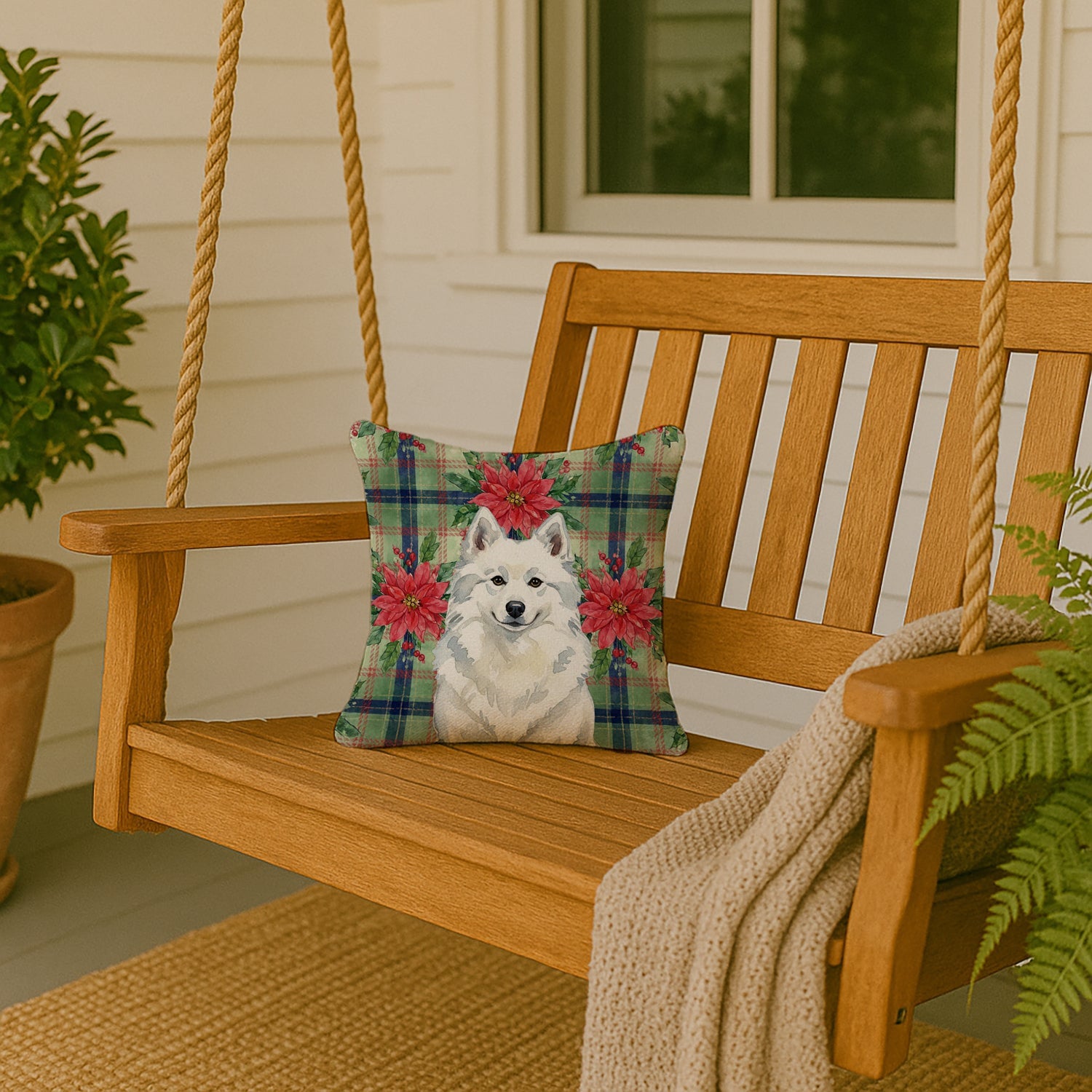 American Eskimo Christmas PoinsettIas Decorative Throw Pillow 14x14 Indoor Outdoor Accent Cushion, Fabric Cover with Insert for Sofa, Bed, Porch & Living Room