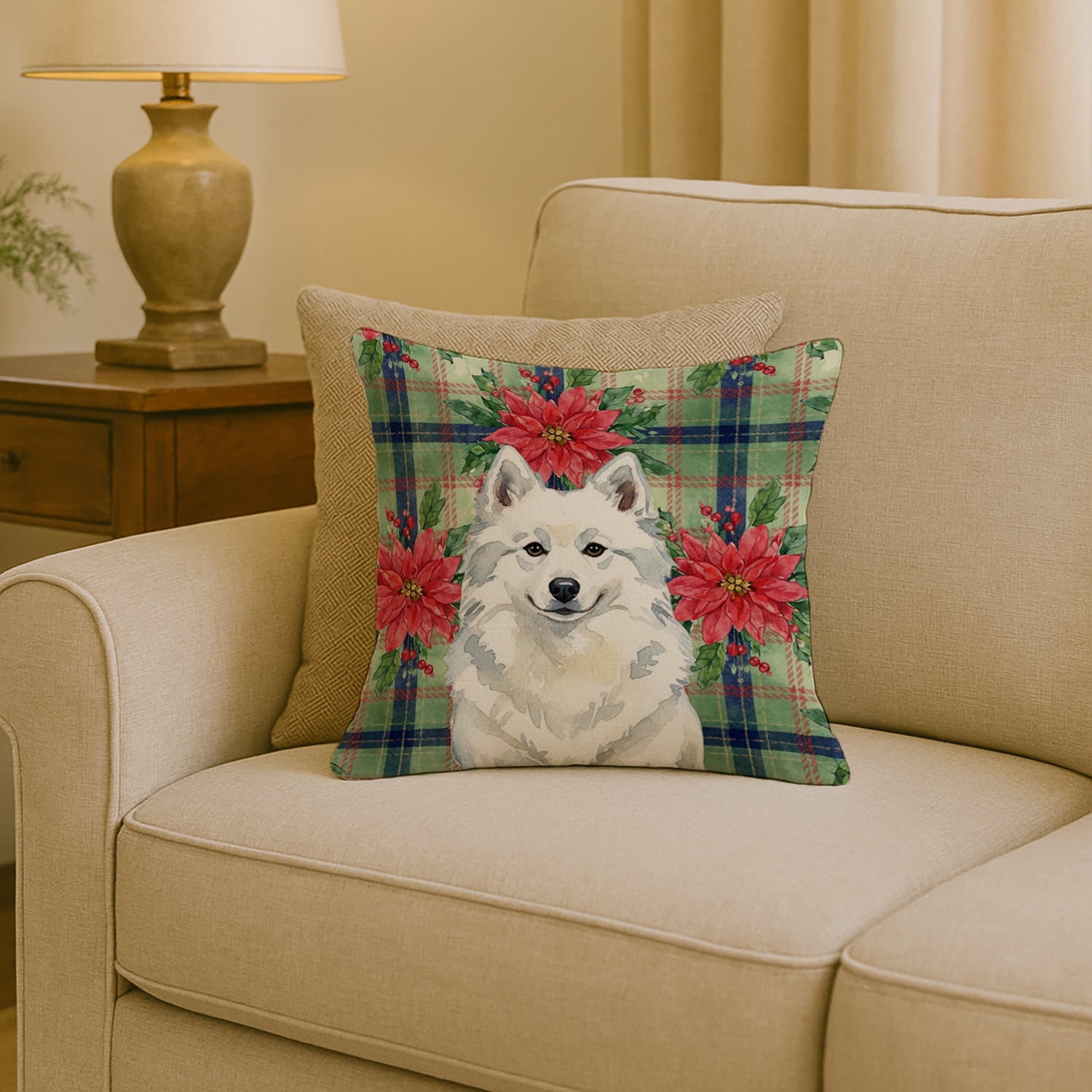 American Eskimo Christmas PoinsettIas Decorative Throw Pillow 18x18 Indoor Outdoor Accent Cushion, Fabric Cover with Insert for Sofa, Bed, Porch & Living Room