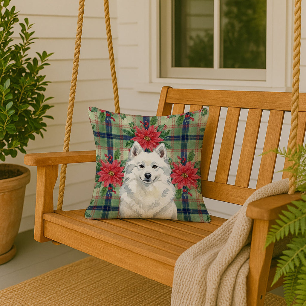 American Eskimo Christmas PoinsettIas Decorative Throw Pillow 18x18 Indoor Outdoor Accent Cushion, Fabric Cover with Insert for Sofa, Bed, Porch & Living Room