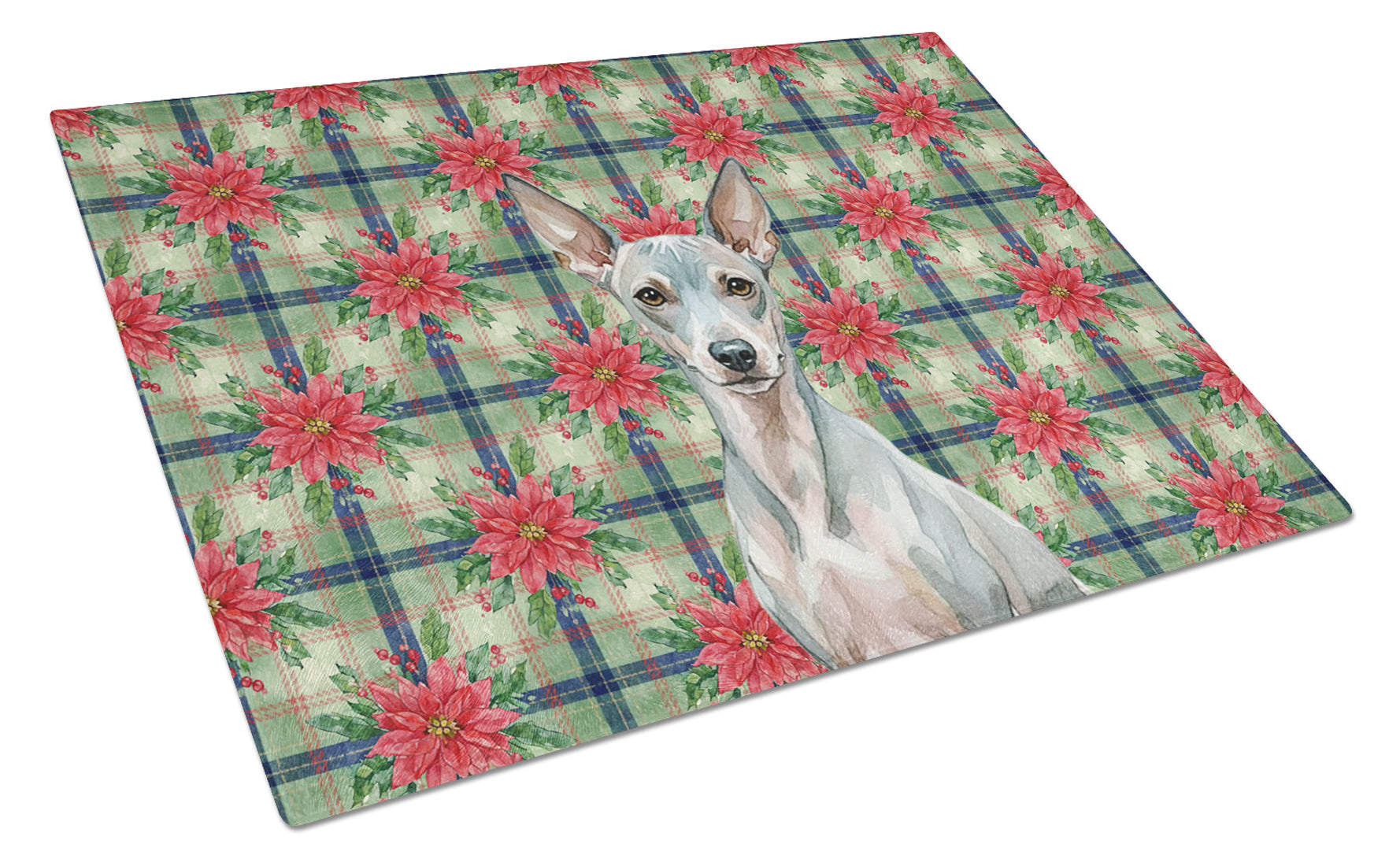 American Hairless Terrier Christmas PoinsettIas Cutting Board Tempered Glass Kitchen Cutting Surface, Heat Resistant Chopping, Non-Slip Feet, Food Prep & Serving
