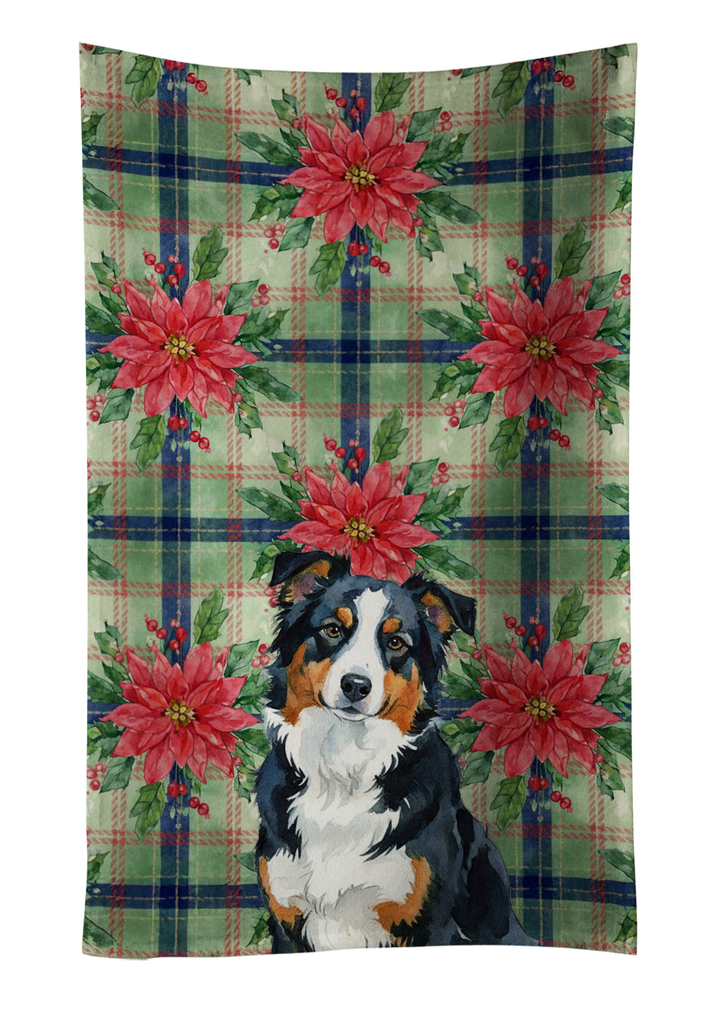 Black Tri American Shepherd Christmas PoinsettIas Kitchen Towel Velour Plush Front and Cotton Loop Back Machine Washable