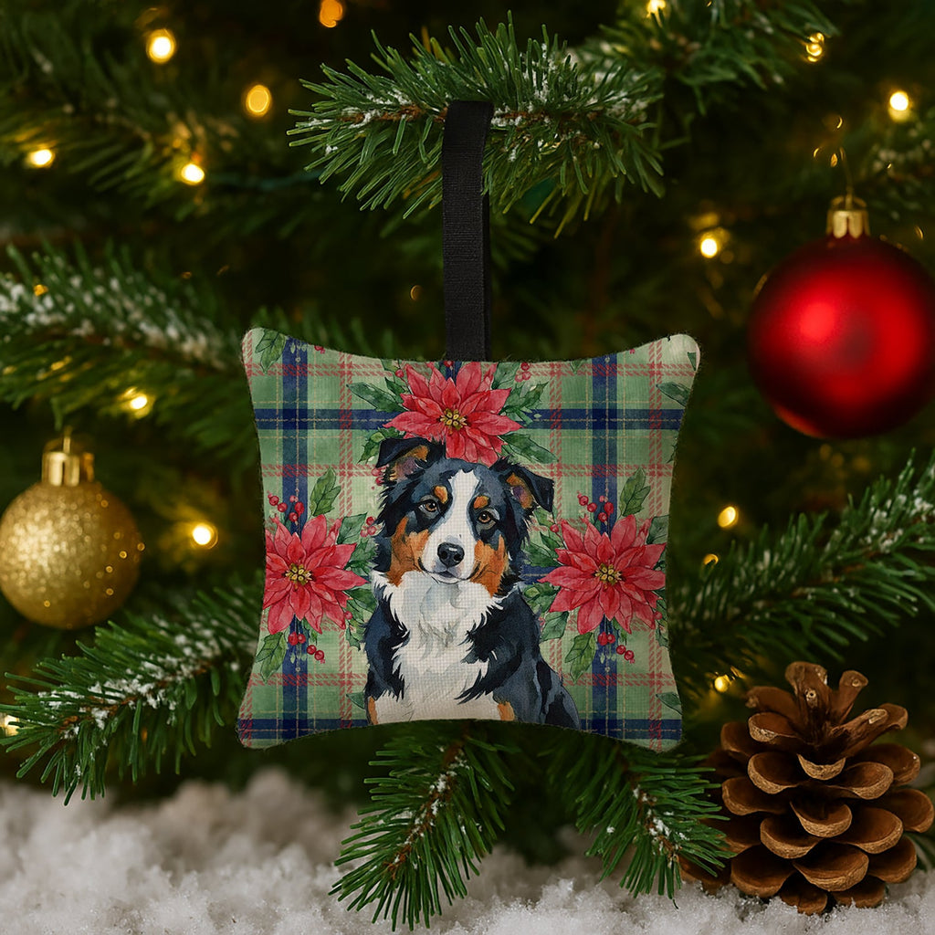 Black Tri American Shepherd Christmas PoinsettIas Hanging Square Fabric Ornament 3.5 � 3.5 Decorative Door-Knob & Tree Hanger, Soft Fabric
