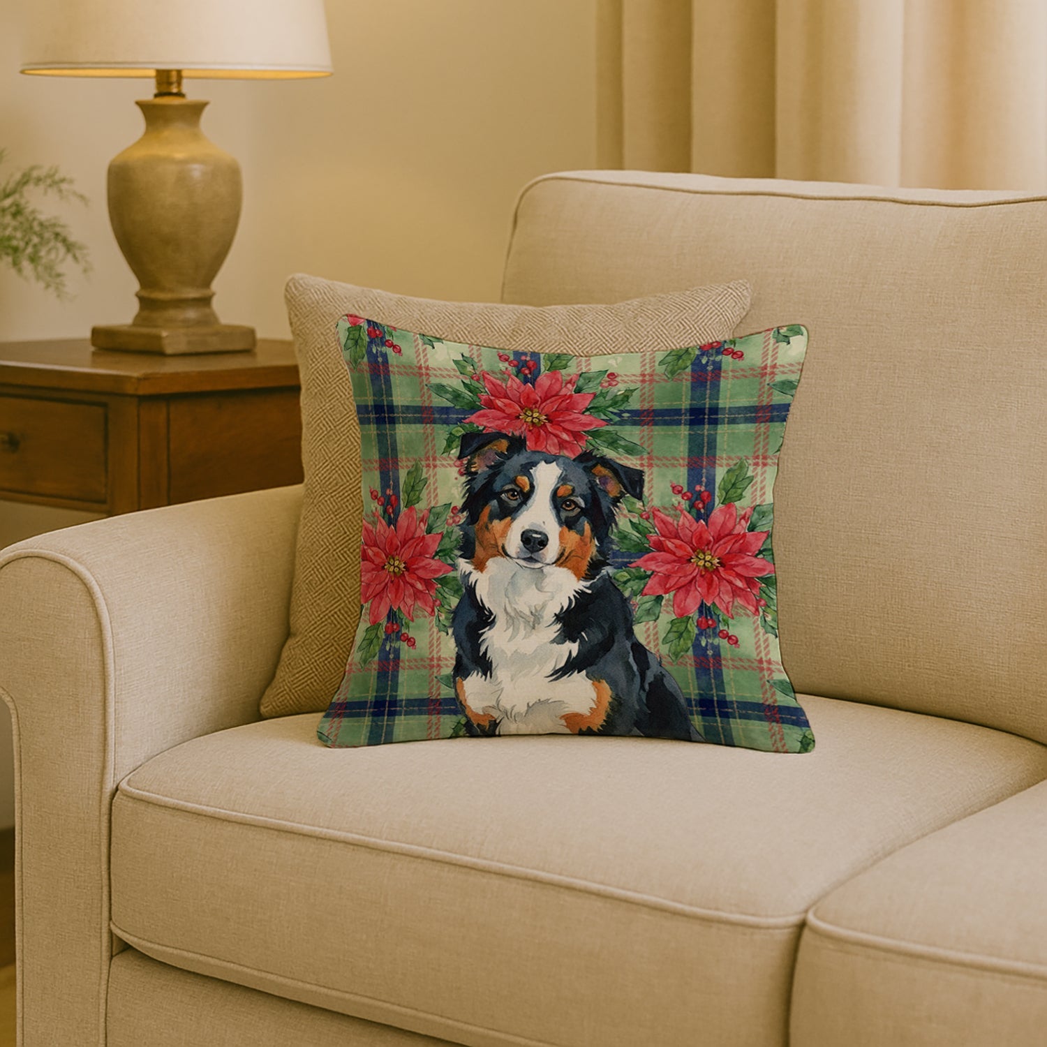 Black Tri American Shepherd Christmas PoinsettIas Decorative Throw Pillow 18x18 Indoor Outdoor Accent Cushion, Fabric Cover with Insert for Sofa, Bed, Porch & Living Room