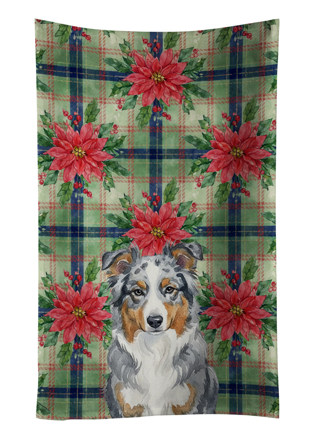 Blue Merle American Shepherd Christmas PoinsettIas Kitchen Towel Velour Plush Front and Cotton Loop Back Machine Washable