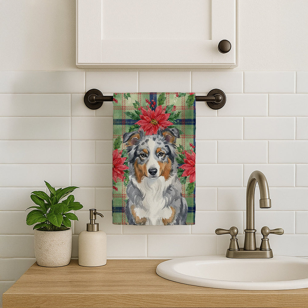 Blue Merle American Shepherd Christmas PoinsettIas Kitchen Towel Velour Plush Front and Cotton Loop Back Machine Washable