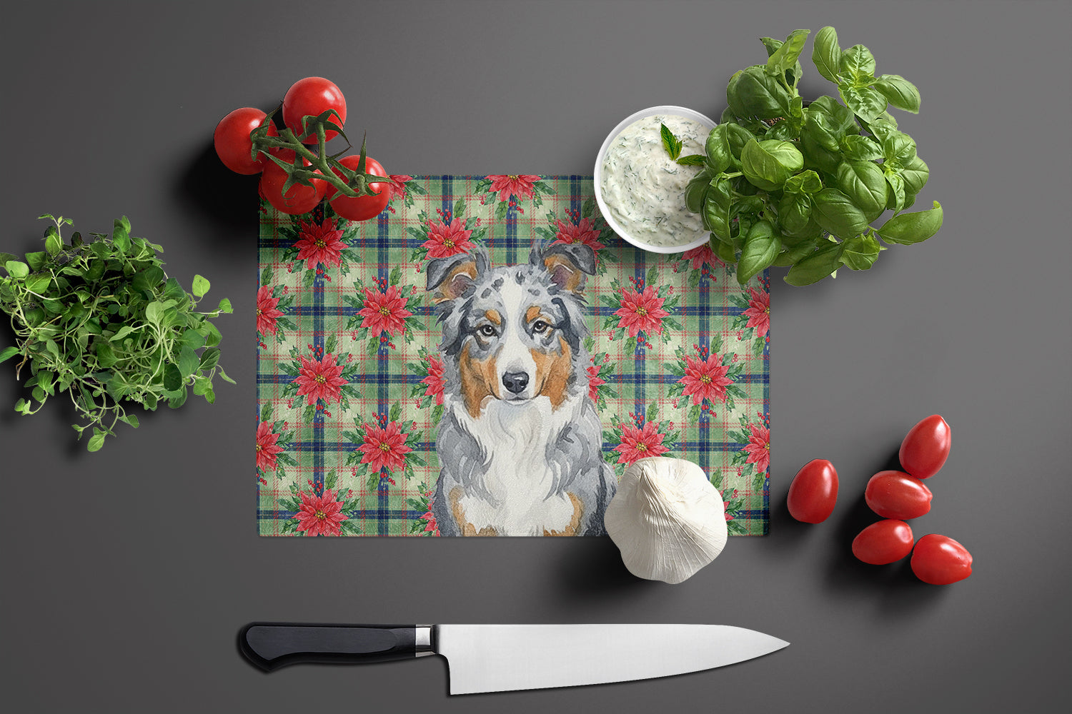 Blue Merle American Shepherd Christmas PoinsettIas Cutting Board Tempered Glass Kitchen Cutting Surface, Heat Resistant Chopping, Non-Slip Feet, Food Prep & Serving