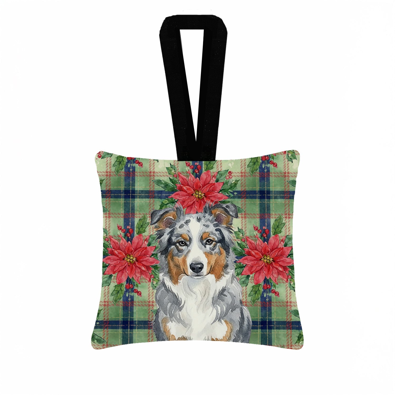 Blue Merle American Shepherd Christmas PoinsettIas Hanging Square Fabric Ornament 3.5 � 3.5 Decorative Door-Knob & Tree Hanger, Soft Fabric