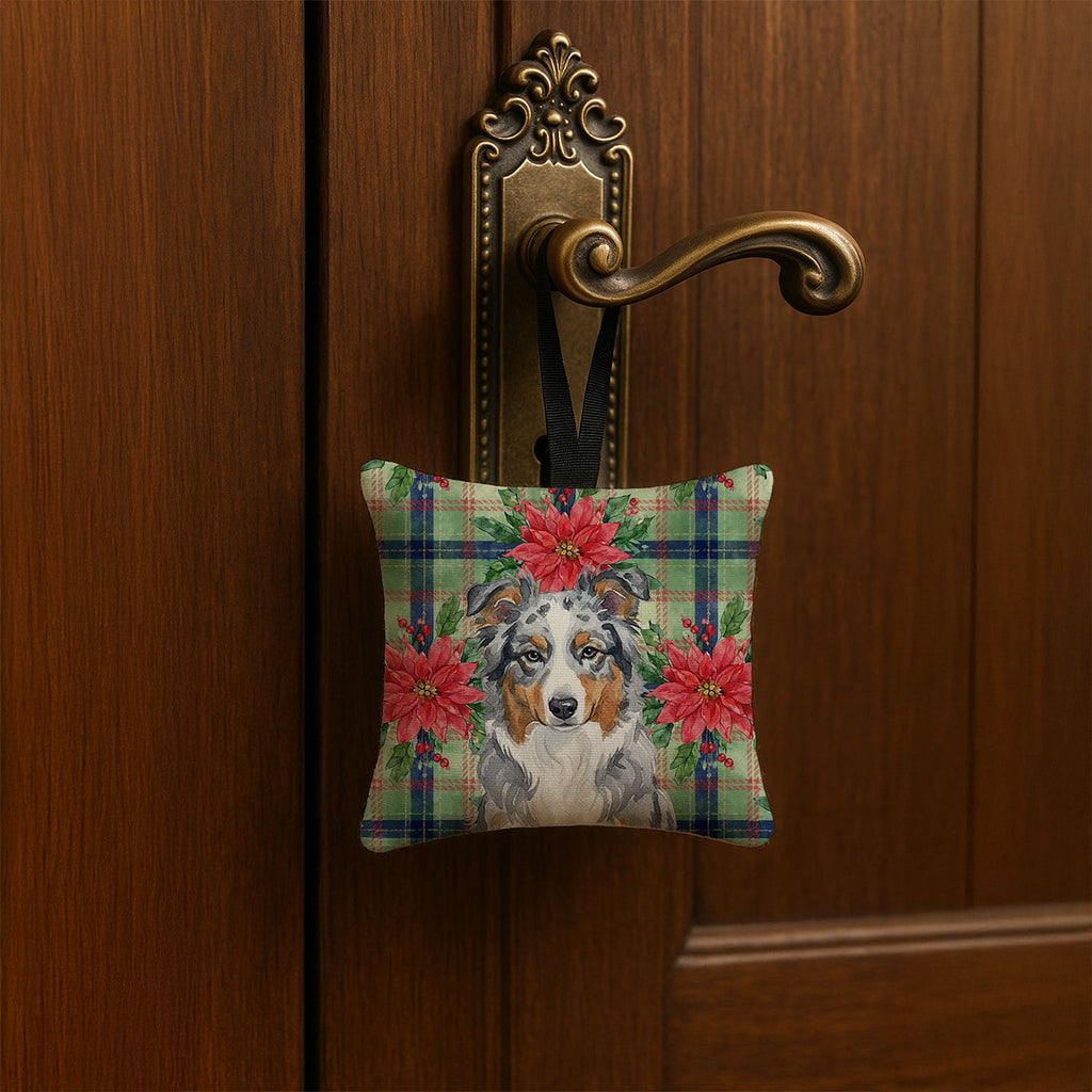 Blue Merle American Shepherd Christmas PoinsettIas Hanging Square Fabric Ornament 3.5 � 3.5 Decorative Door-Knob & Tree Hanger, Soft Fabric
