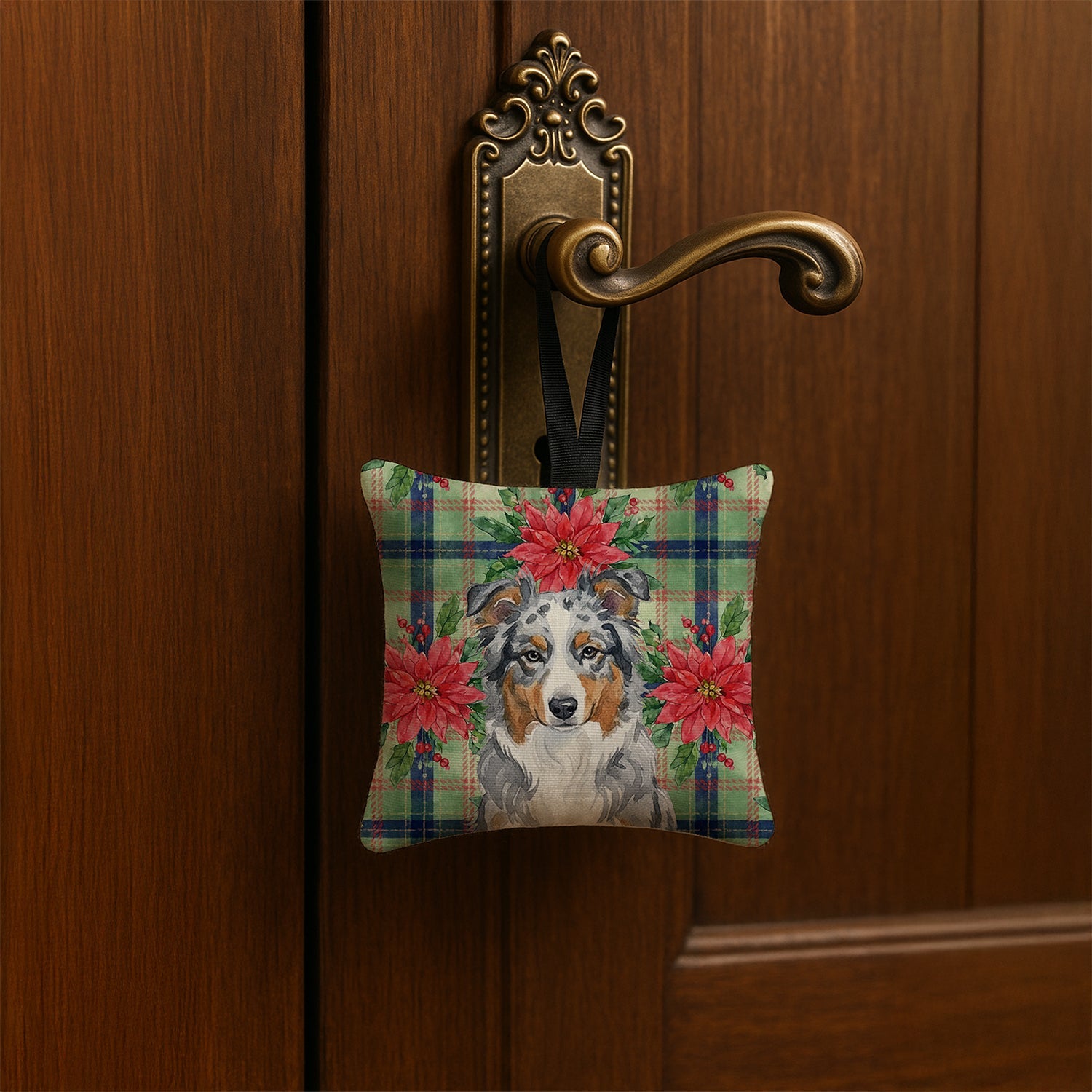 Blue Merle American Shepherd Christmas PoinsettIas Hanging Square Fabric Ornament 3.5 � 3.5 Decorative Door-Knob & Tree Hanger, Soft Fabric