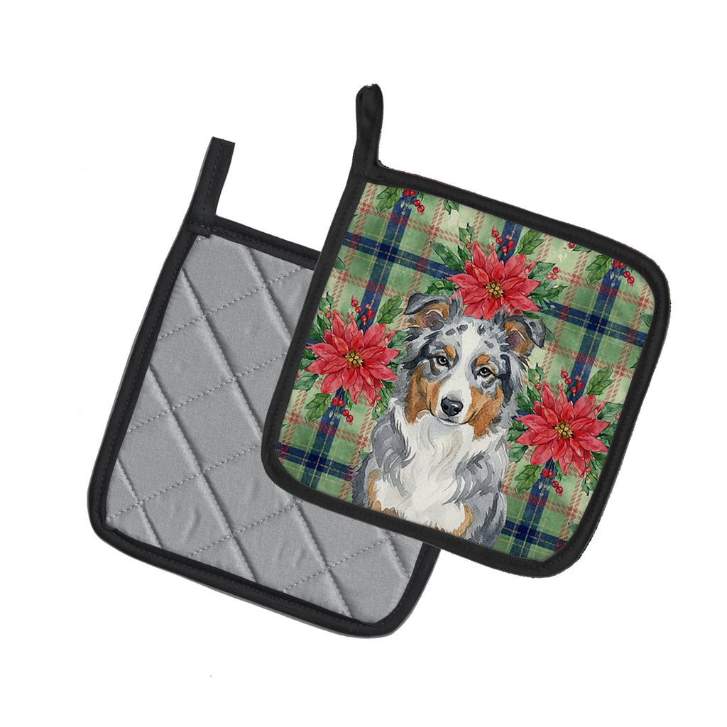 Blue Merle American Shepherd Christmas PoinsettIas Pot Holder Set of 2 Heat Resistant Quilted Hot Pads 7.5 x 7.5 Inch, Insulated Kitchen Trivets for Cooking & Baking