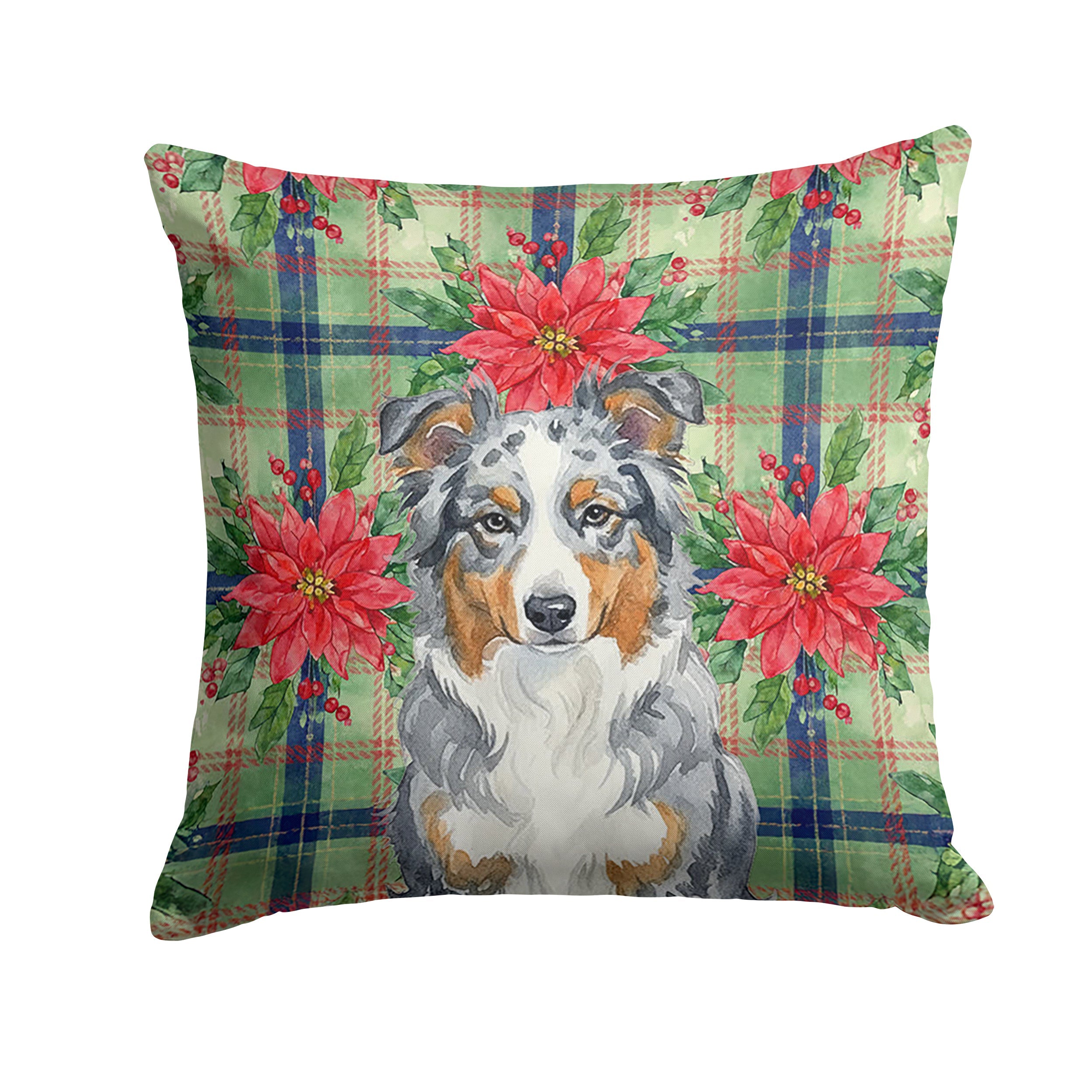 Blue Merle American Shepherd Christmas PoinsettIas Decorative Throw Pillow 18x18 Indoor Outdoor Accent Cushion, Fabric Cover with Insert for Sofa, Bed, Porch & Living Room
