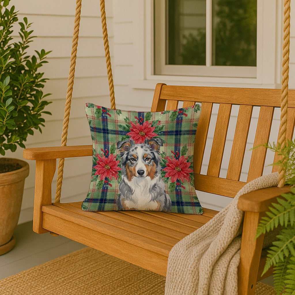 Blue Merle American Shepherd Christmas PoinsettIas Decorative Throw Pillow 18x18 Indoor Outdoor Accent Cushion, Fabric Cover with Insert for Sofa, Bed, Porch & Living Room
