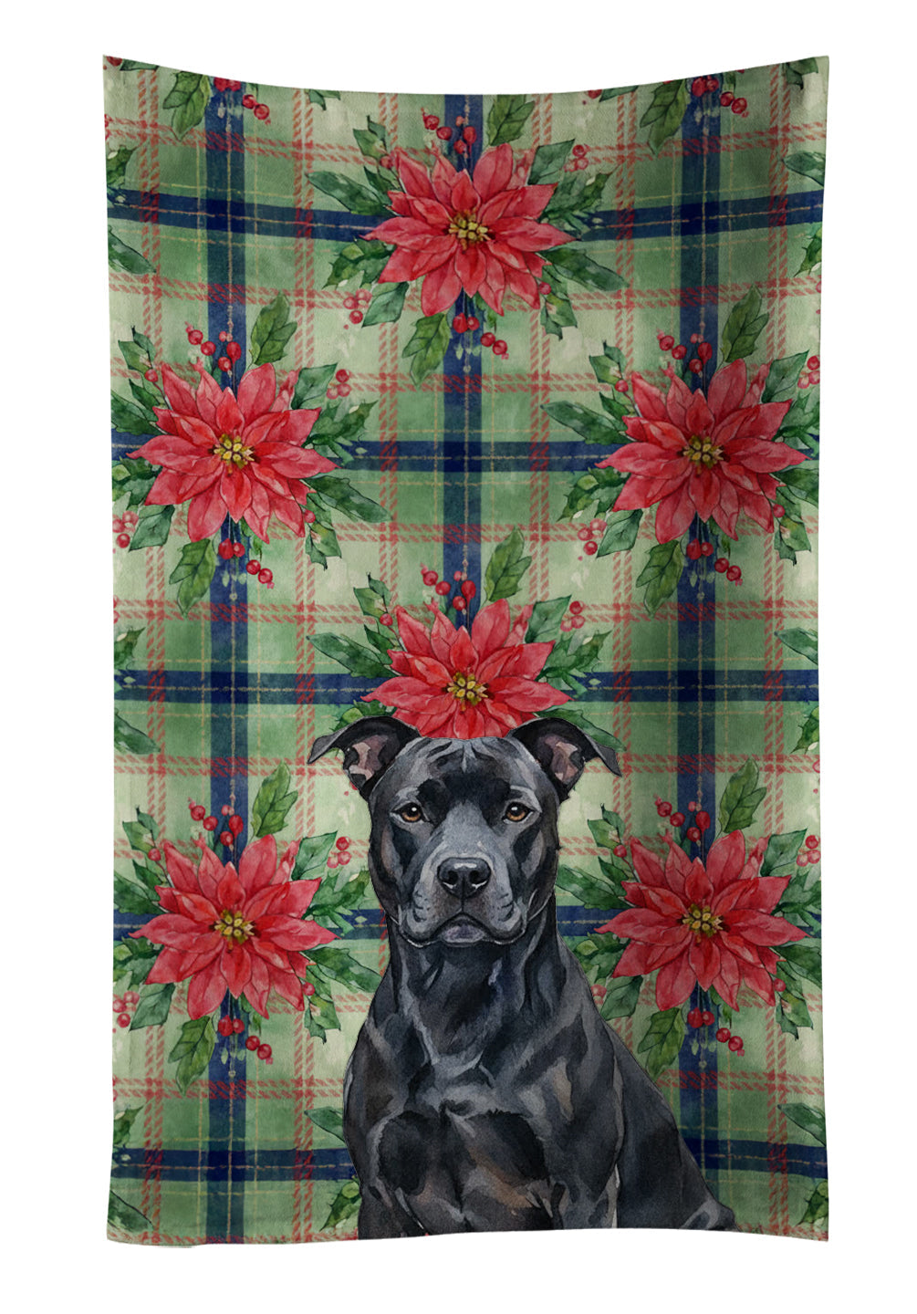 Black American Staffordshire Terrier Christmas PoinsettIas Kitchen Towel Velour Plush Front and Cotton Loop Back Machine Washable