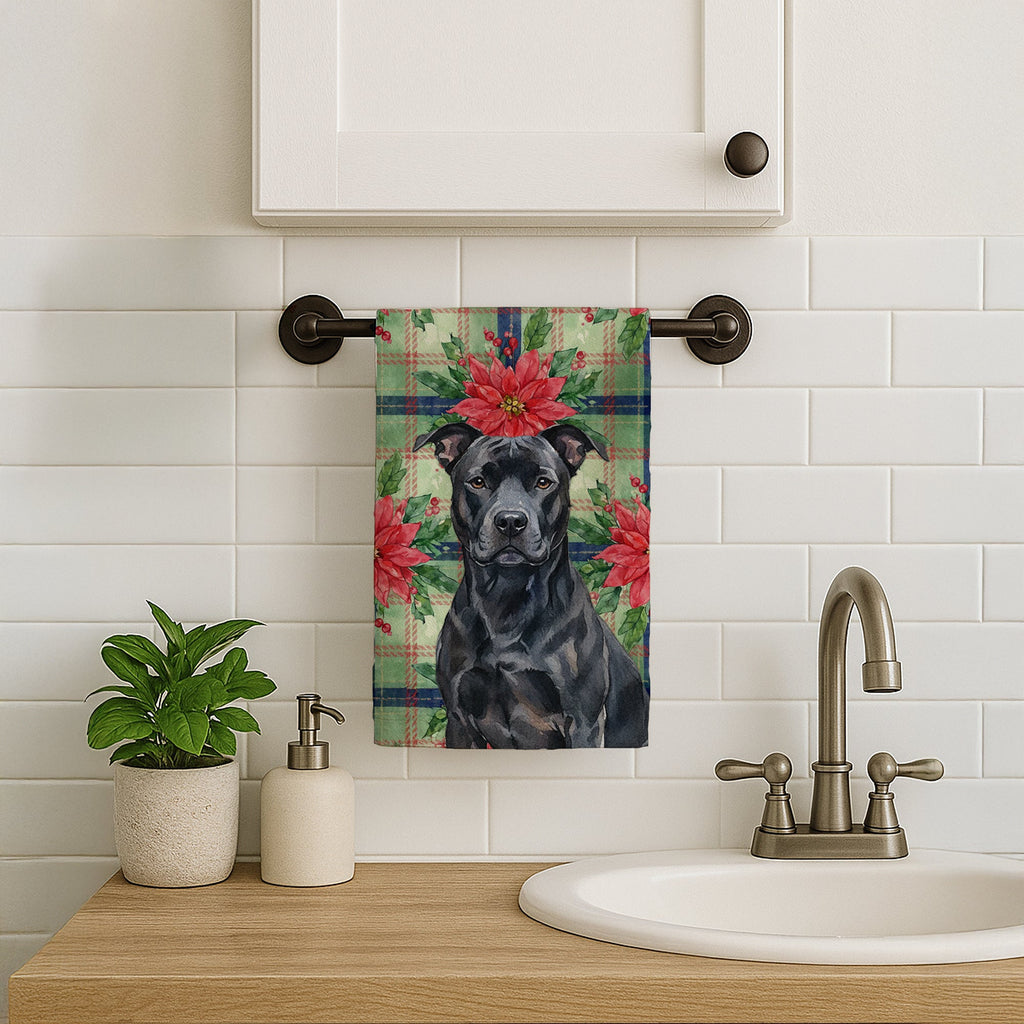 Black American Staffordshire Terrier Christmas PoinsettIas Kitchen Towel Velour Plush Front and Cotton Loop Back Machine Washable