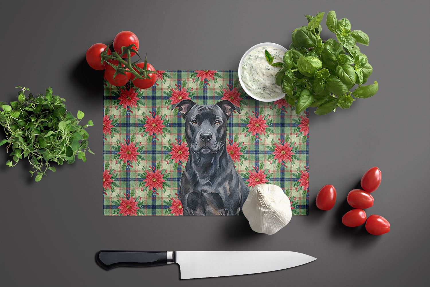 Black American Staffordshire Terrier Christmas PoinsettIas Cutting Board Tempered Glass Kitchen Cutting Surface, Heat Resistant Chopping, Non-Slip Feet, Food Prep & Serving