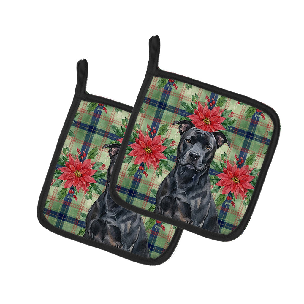 Black American Staffordshire Terrier Christmas PoinsettIas Pot Holder Set of 2 Heat Resistant Quilted Hot Pads 7.5 x 7.5 Inch, Insulated Kitchen Trivets for Cooking & Baking